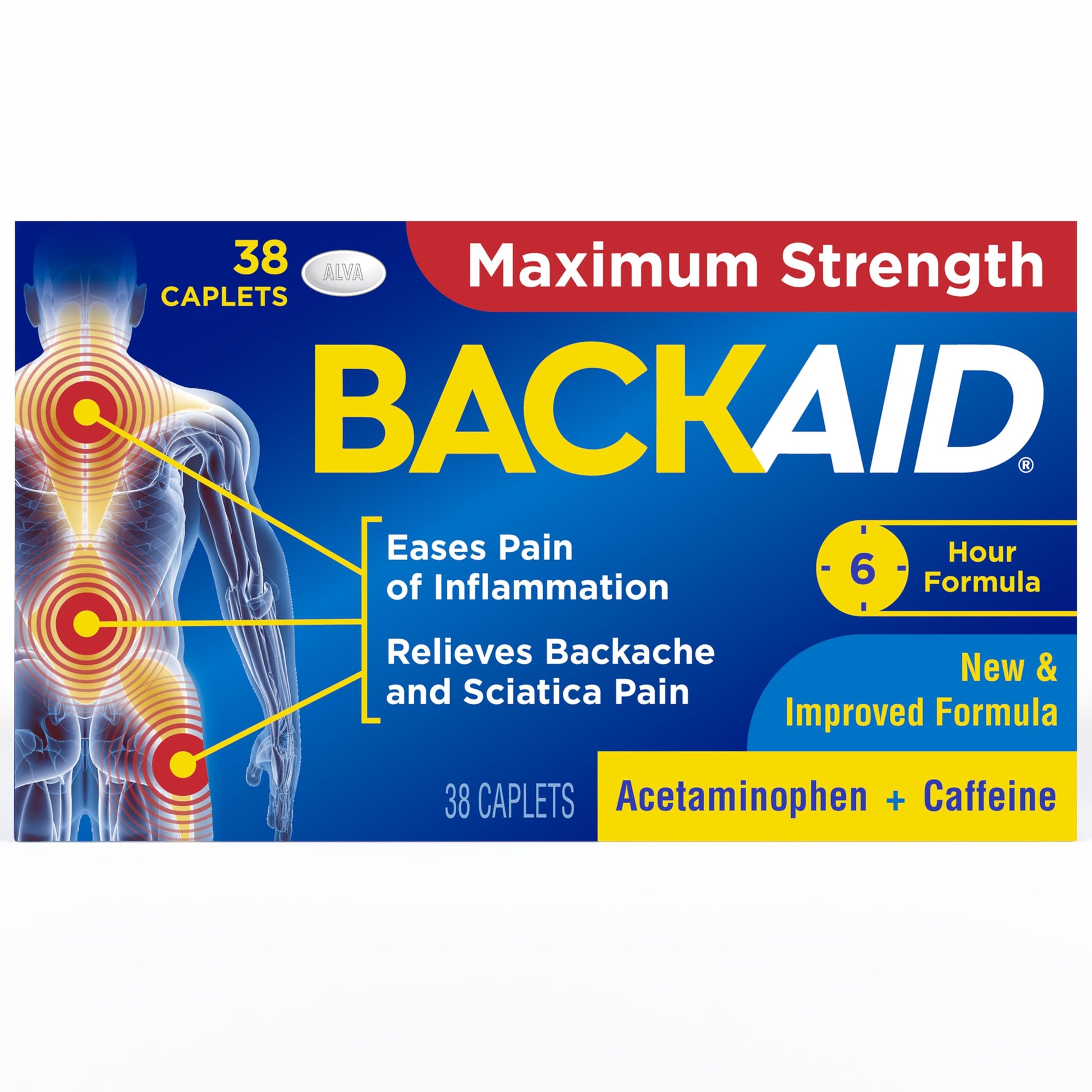 Backaid Maximum Strength Aspirin-Free Pain Relief from Backache, Sciatica and Leg Pain, Powerful Combination, Long-Lasting 6 Hour Formula, 38 Count BackaidAu supplements