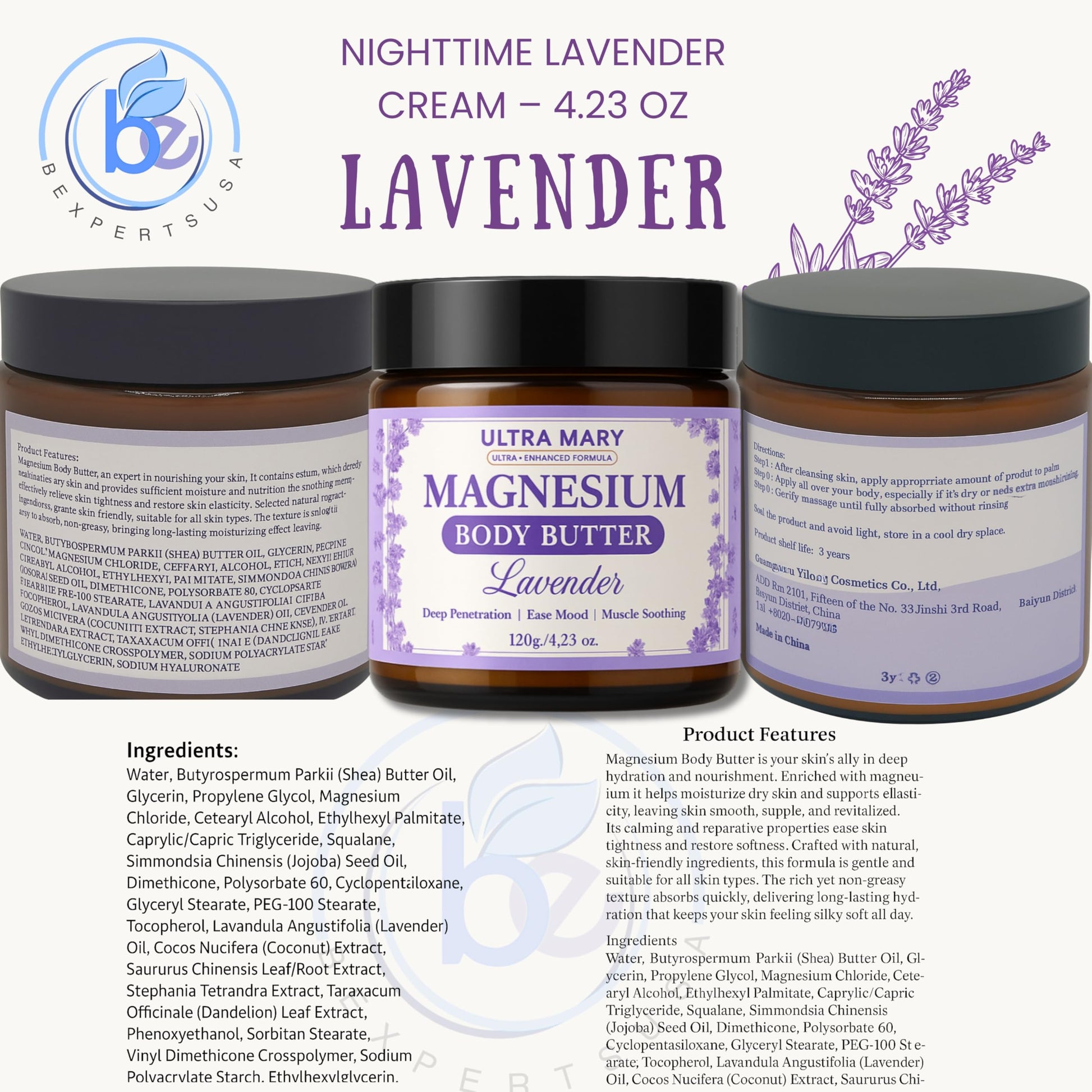 Nighttime Magnesium Cream for Pain, Nerve & Leg Cramps - Magnesium Body Butter for Sleep with Shea Butter, Jojoba Oil, Coconut Extract & Dandelion - Lavender Magnesium Lotion for Kids - 4.23oz ULTRA MARYAu supplements