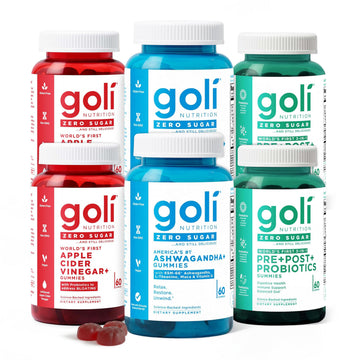 Goli Zero Sugar 6 Pack Bundle - World's First 3-in-1 Pre, Post, Probiotic, Apple Cider Vinegar with Vitamin B12 and Probiotics to Address Bloating, Ashwagandha & L-Theanine, Vitamin D Gummies GoliAu supplements