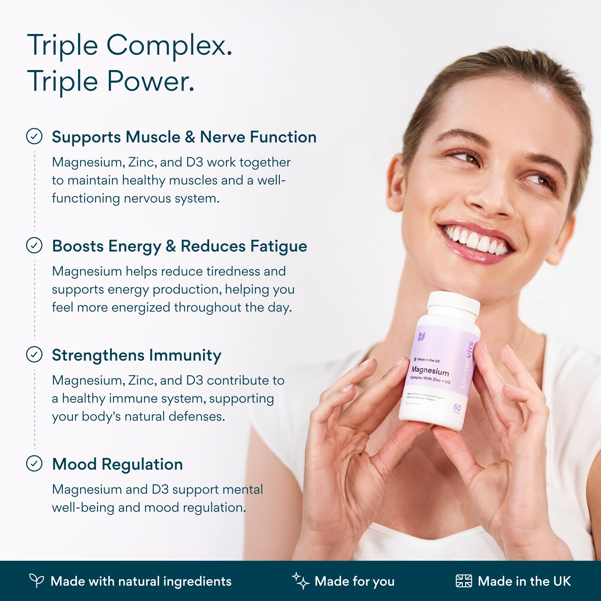 Bettervits Magnesium Glycinate Complex with Citrate Malate Zinc & Vitamin D3 | High Absorption Pure Magnesium 225mg Supplement Chelated Formula for Muscle Relaxation, Sleep Support – 60 Capsules BettervitsAu supplements