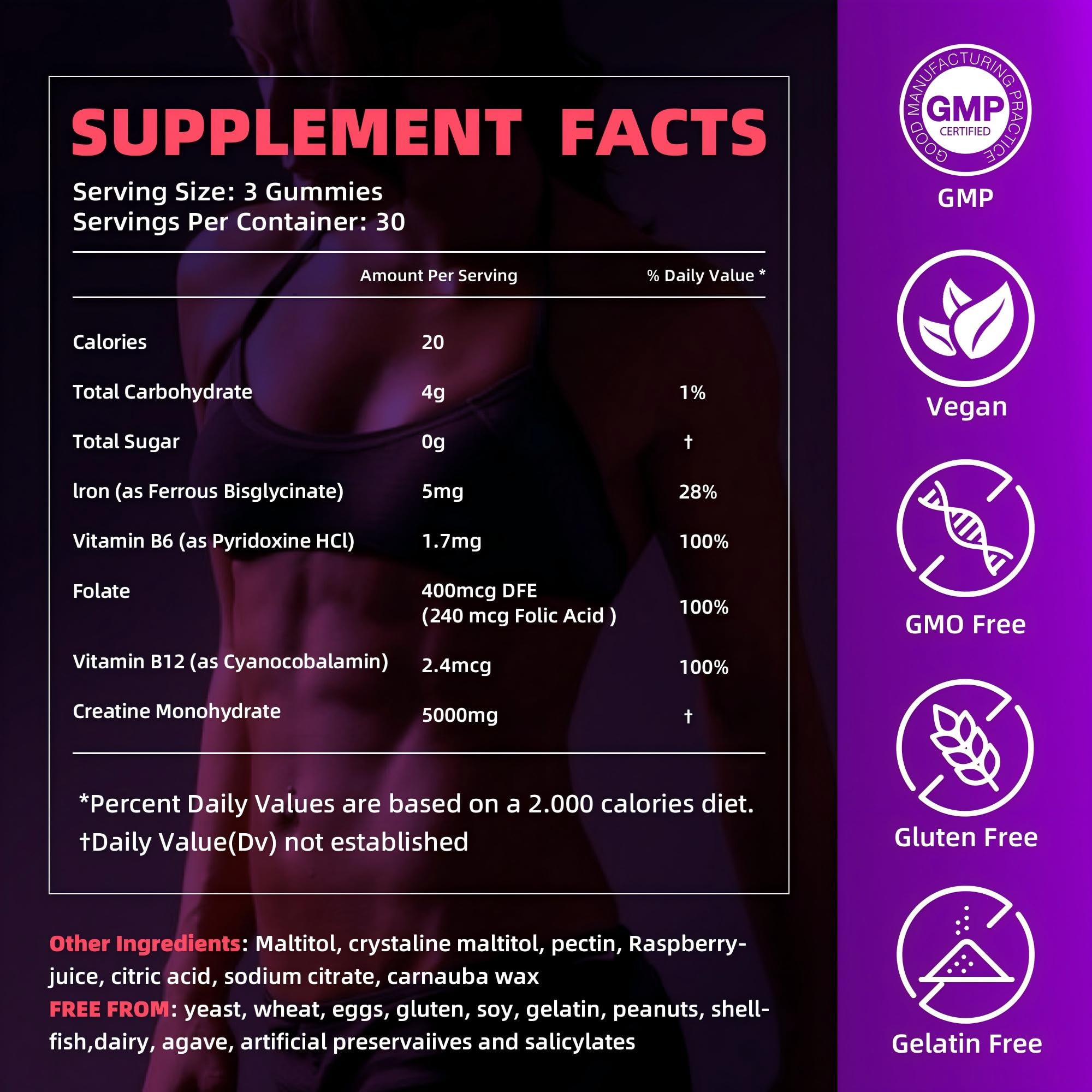 IRIDESICENT Creatine Monohydrate Gummies 5000mg w/Iron, Vitamin B6 & B12, Sugar Free 5g Creatine Supplements for Women and Men Boost Energy & Muscle Recovery - 90 Raspberry Gummies IRIDESICENTAu supplements