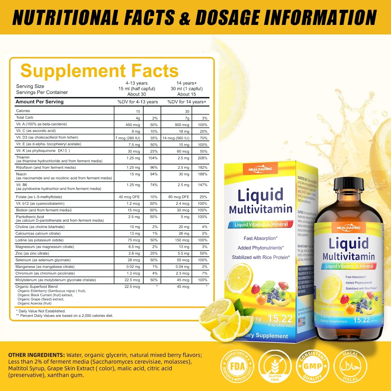 HEALOADING Nutritious Liquid Multivitamin for Women：Liquid Multi Vitamin with Amino Acids Zinc Selenium Mixed Fruit Flavor HEALOADINGAu supplements