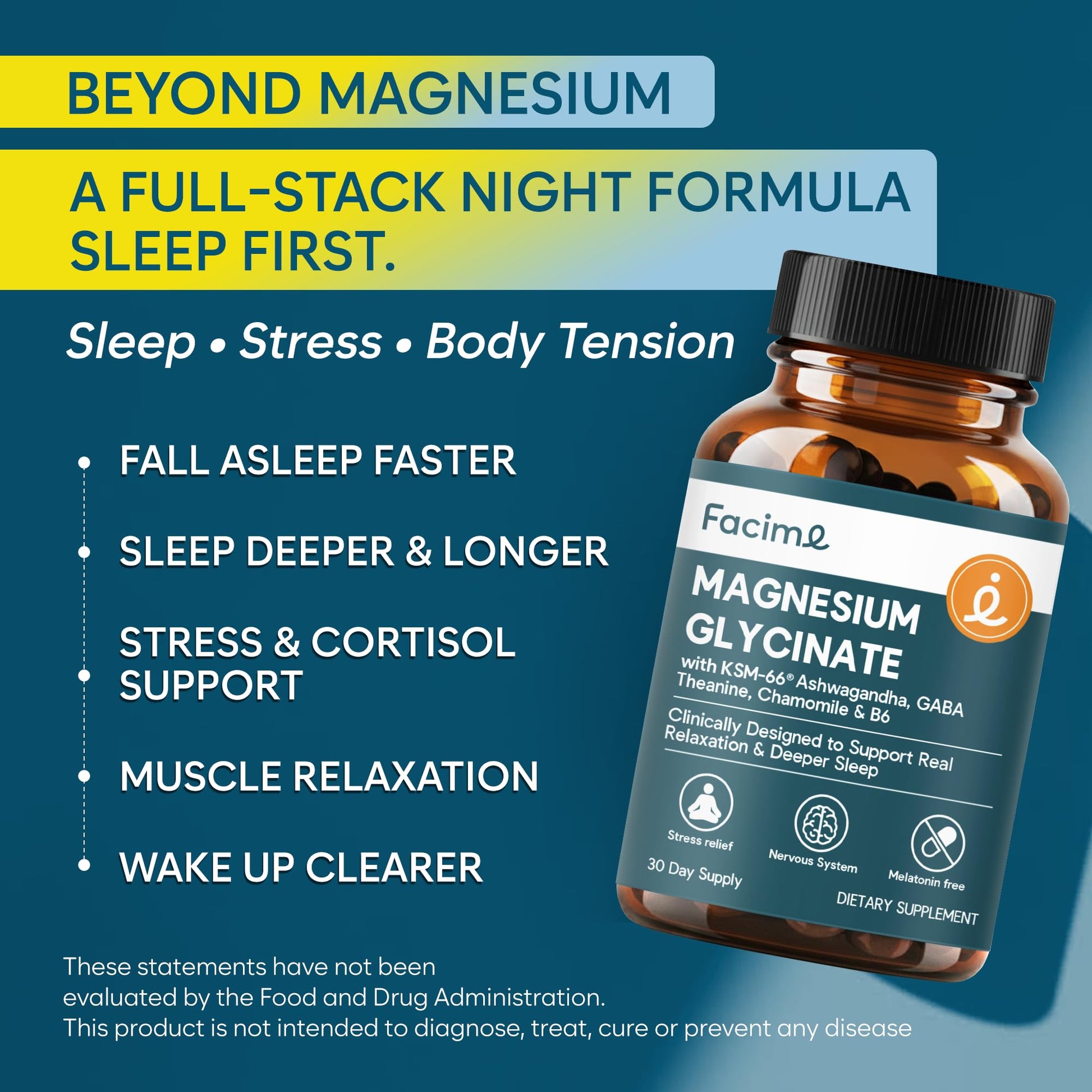 Natural Chelated Magnesium Glycinate Sleep Aid - Melatonin-Free Sleep & Stress Relief with KSM-66 Ashwagandha, GABA, L-Theanine & Chamomile for Muscle Relaxation - Made in USA - 90 Capsules FacimeAu supplements