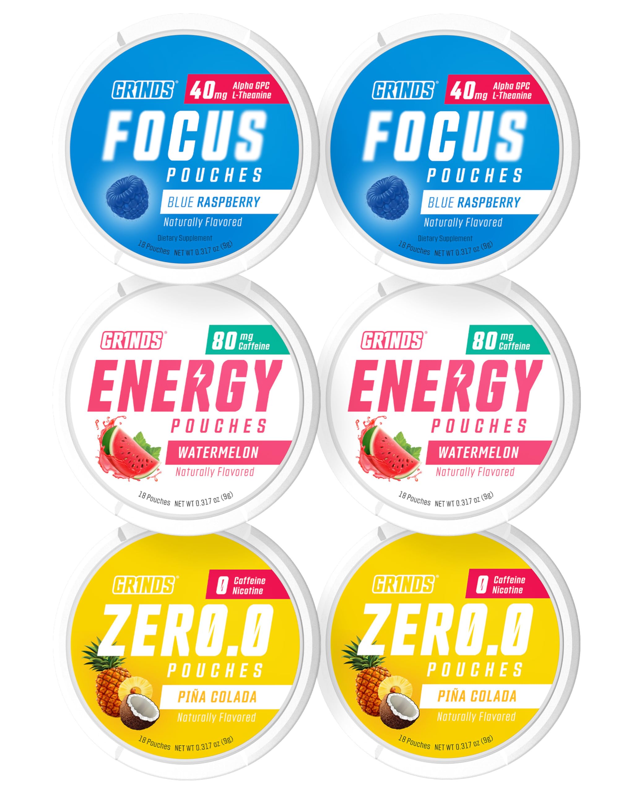 GRINDS Pouches Performance Sampler Pack - Includes Watermelon Energy, Caffeine-Free Piña Colada and Blue Raspberry Nootropic Pouches - Sugar-Free - Zero Calories GRINDSAu supplements