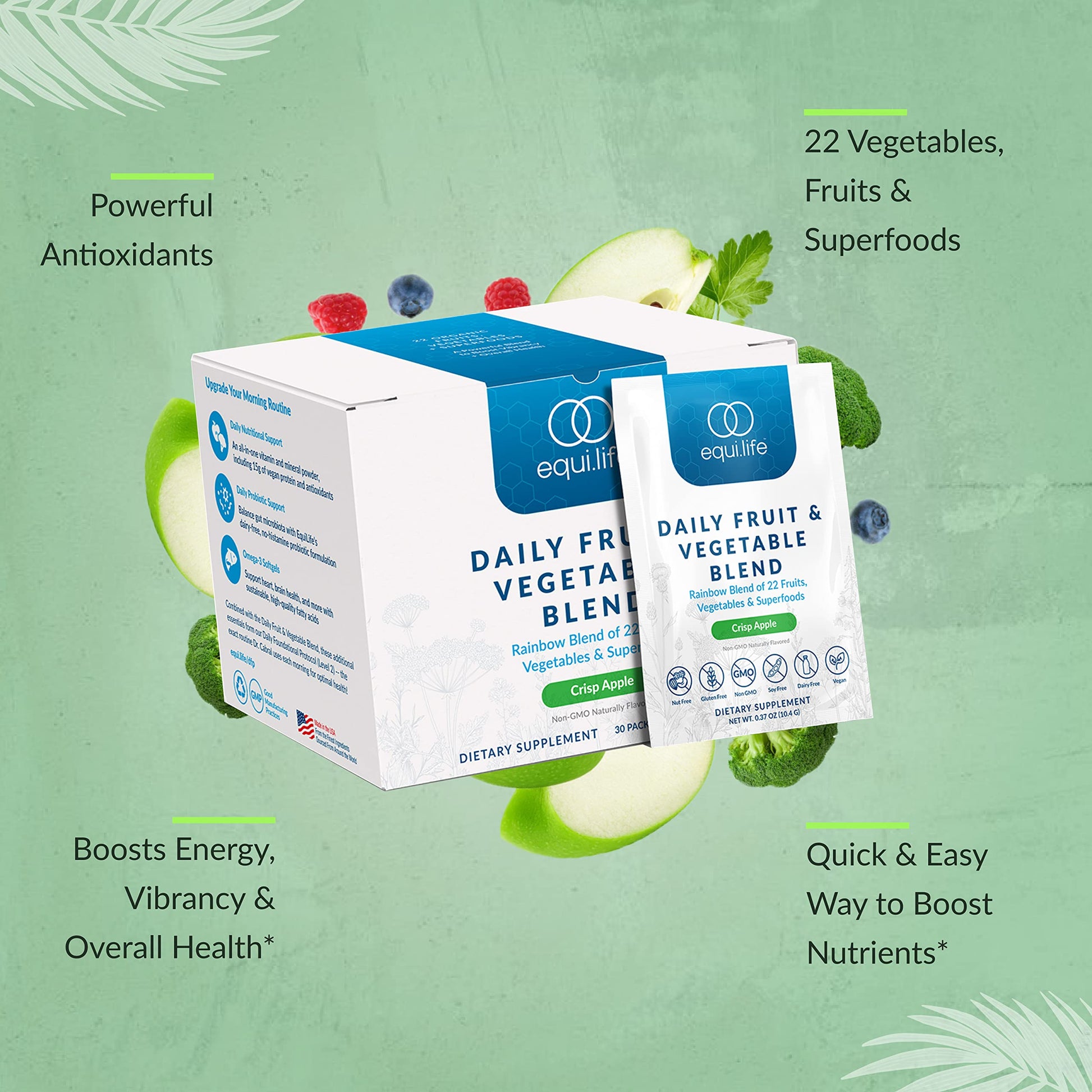 Equilife Daily Fruit & Vegetable Blend, Superfood Antioxidant Supplement, Crisp Apple Flavor with Vitamin C, Fiber, and 9 Essential Amino Acids, Supports Energy, Vegan, 14 Single Serve Packets EquilifeAu supplements