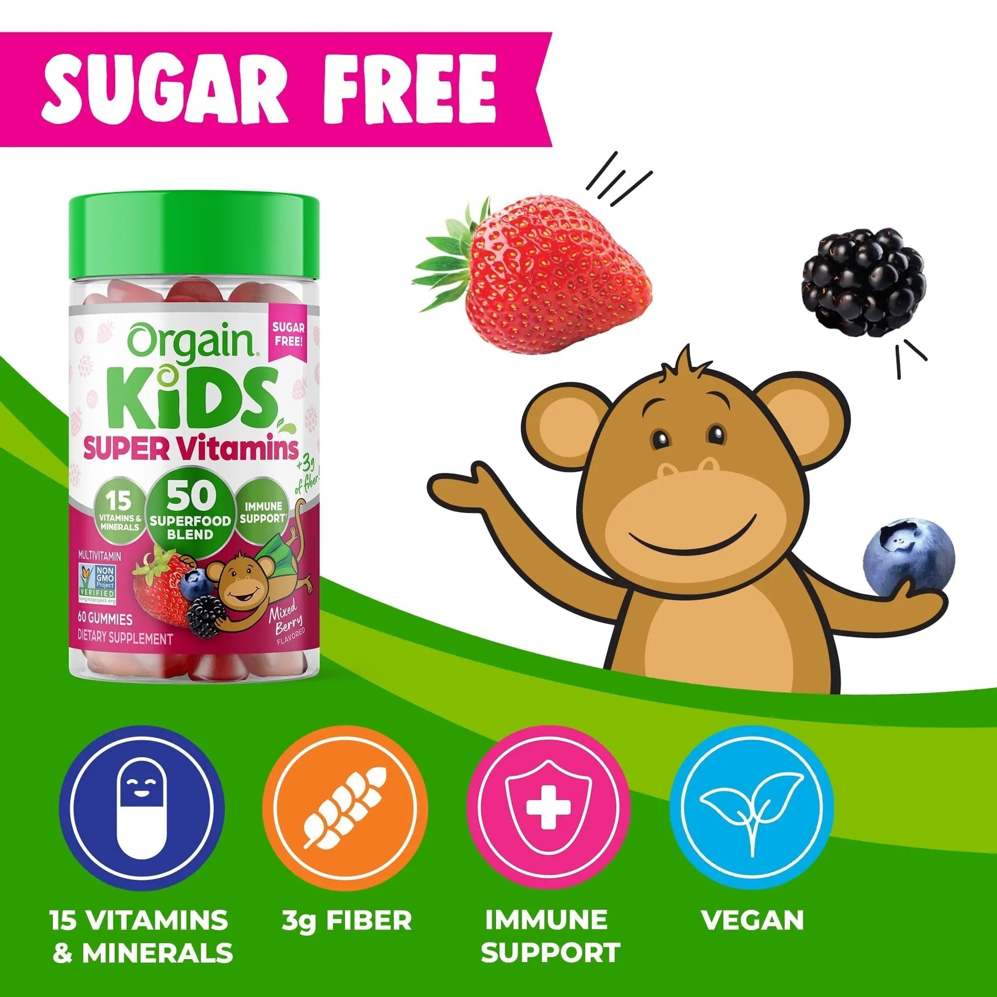 Orgain Kids Sugar Free Multivitamin Gummies, Vegan & Plant Based, 50 Superfoods, 15 Vitamins and Minerals, Immune Support and 3g of Fiber OrgainAu supplements