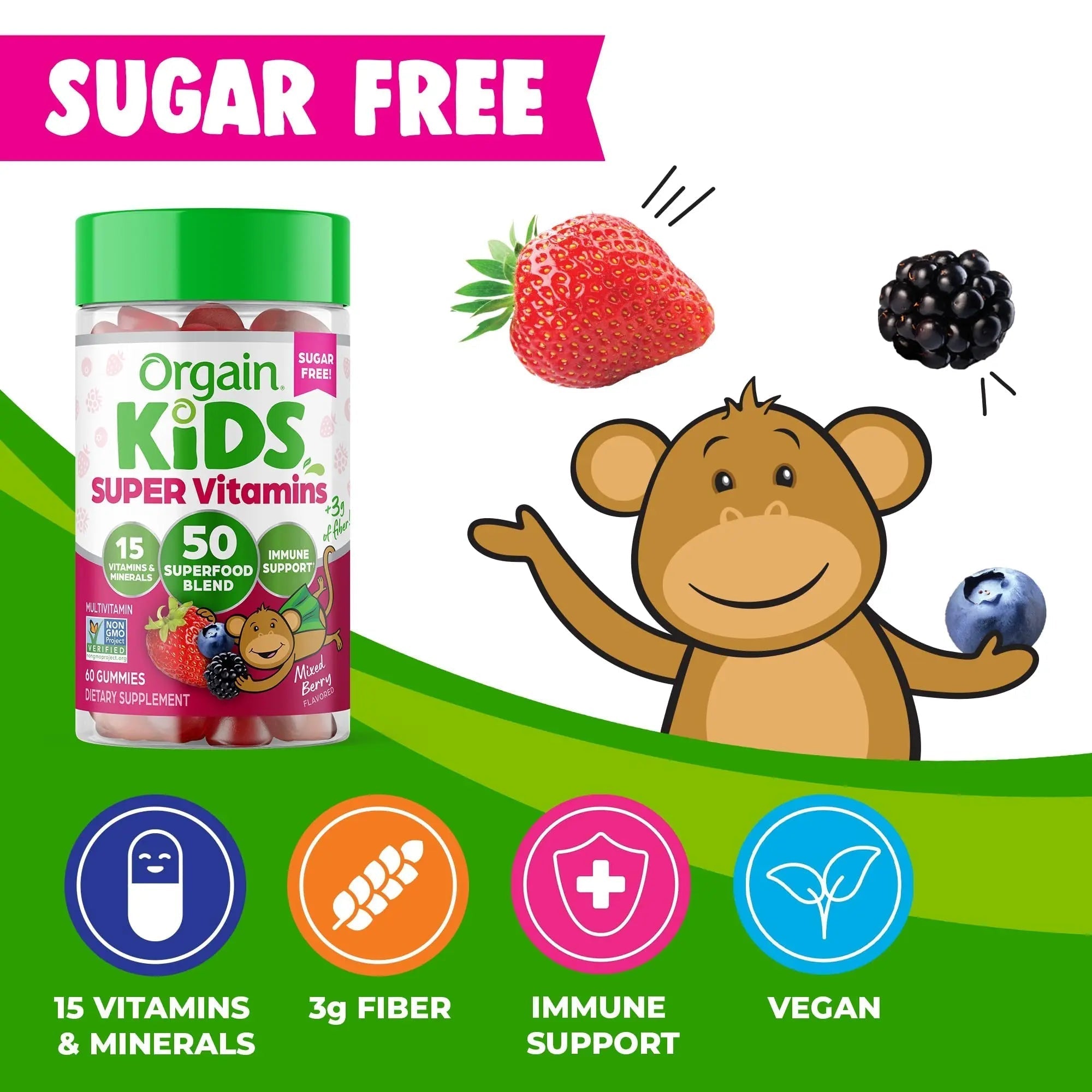 Orgain Kids Sugar Free Multivitamin Gummies, Vegan & Plant Based, 50 Superfoods, 15 Vitamins and Minerals, Immune Support and 3g of Fiber OrgainAu supplements