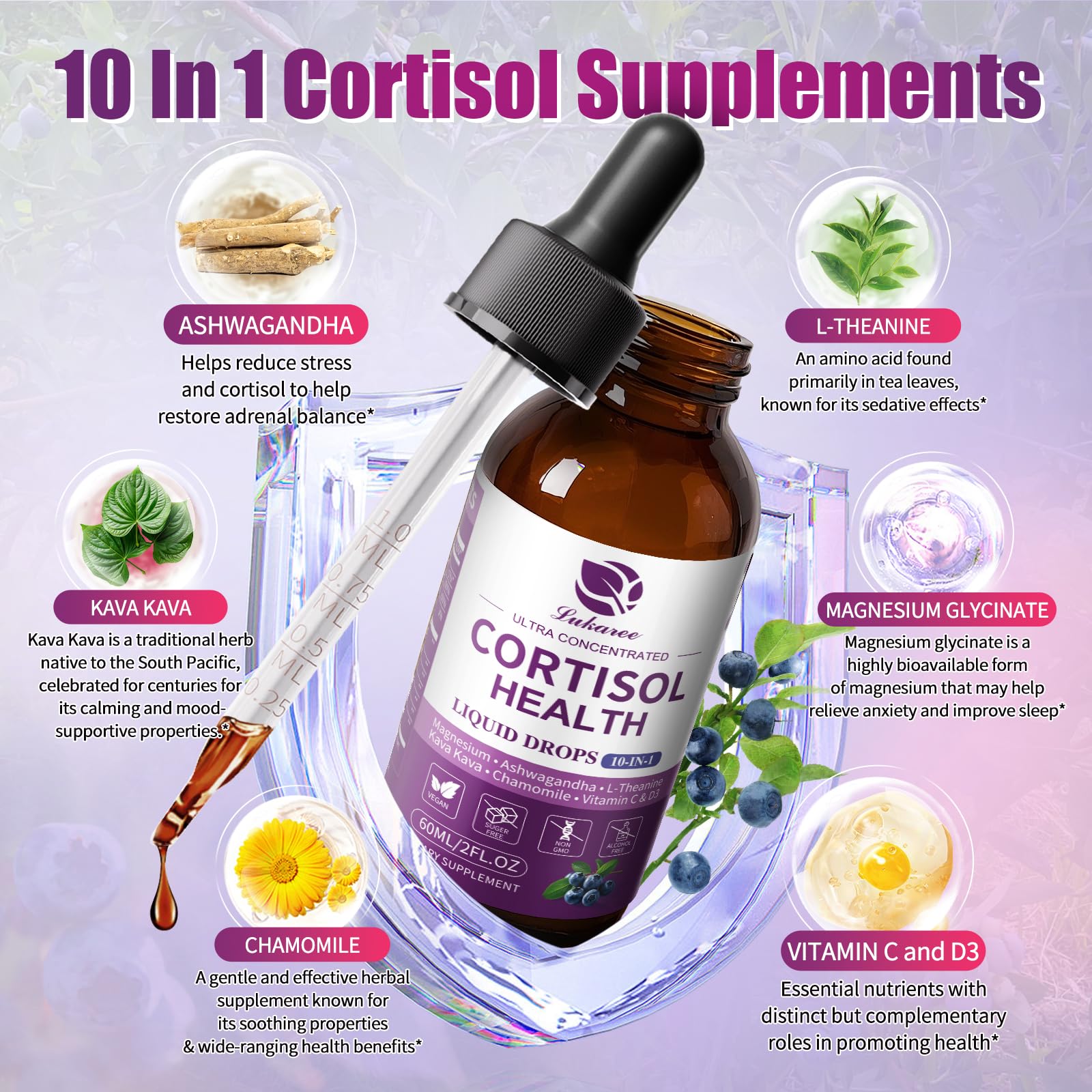 Lukaree Cortisol Supplements for Women, 10 in 1 Cortisol Reducer Detox with Ashwagandha, L-theanine, Kava Kava, Magnesium, Lower Cortisol, Mood, Focus, Sleep Support - 2 FL.OZ, Blueberry Flavor LukareeAu supplements