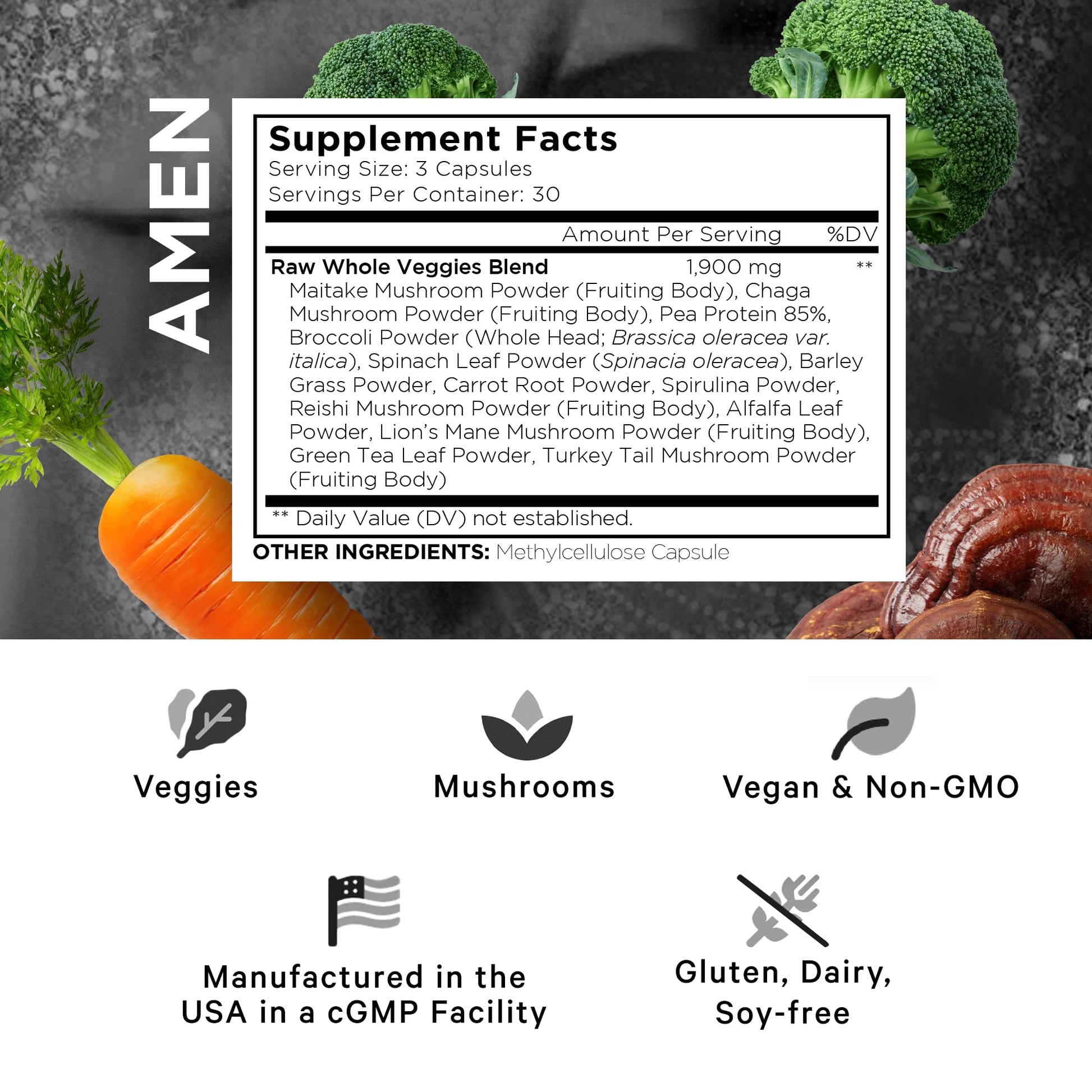 Amen Veggies, Daily Veggies Vitamins Supplement, Vegetables Vegan Blend & Whole-Food Raw Greens Multivitamin Capsules, Mushroom Complex, Superfood, Minerals, Green Vegetable Nutrients, Non-GMO, 90 ct AmenAu supplements