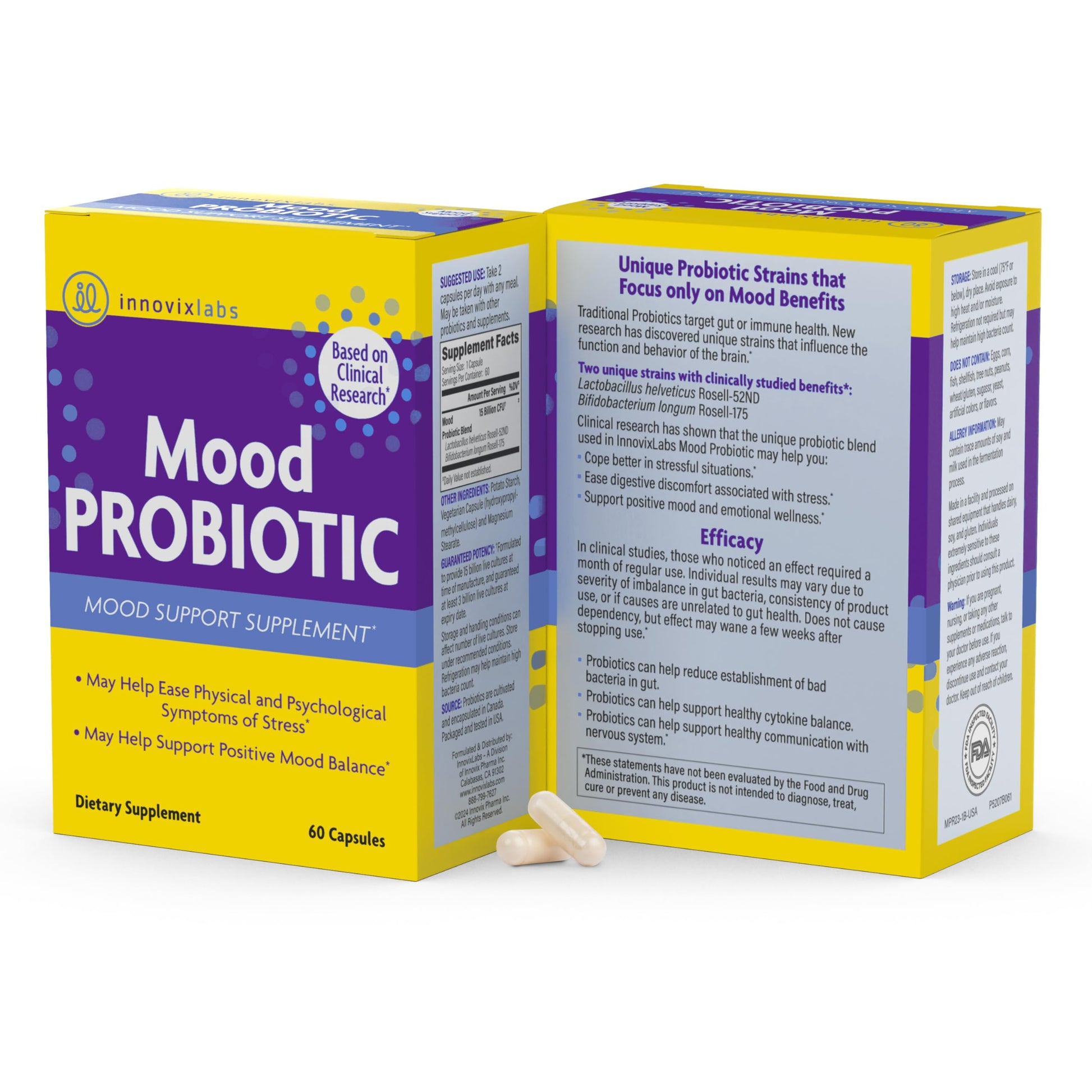 InnovixLabs Mood Probiotic for Women & Men, Clinically Studied Digestive & Mood Support Supplement, Lactobacillus helveticus Rosell-52ND & Bifidobacterium longum Rosell-175, 60 Capsules InnovixLabsAu supplements