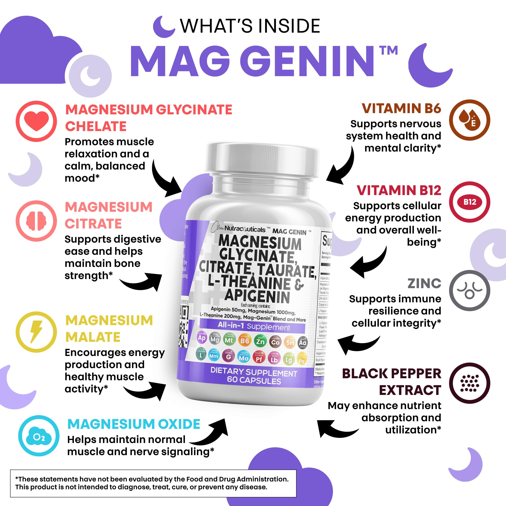 Clean Nutraceuticals Magnesium Glycinate Complex 1000mg with L-Theanine 200mg Apigenin 50mg Citrate Taurate Supplement - 5-HTP GABA Passion Flower Lemon Balm L-Glycine Phosphatidylserine - 60 Count Clean NutraceuticalsAu supplements