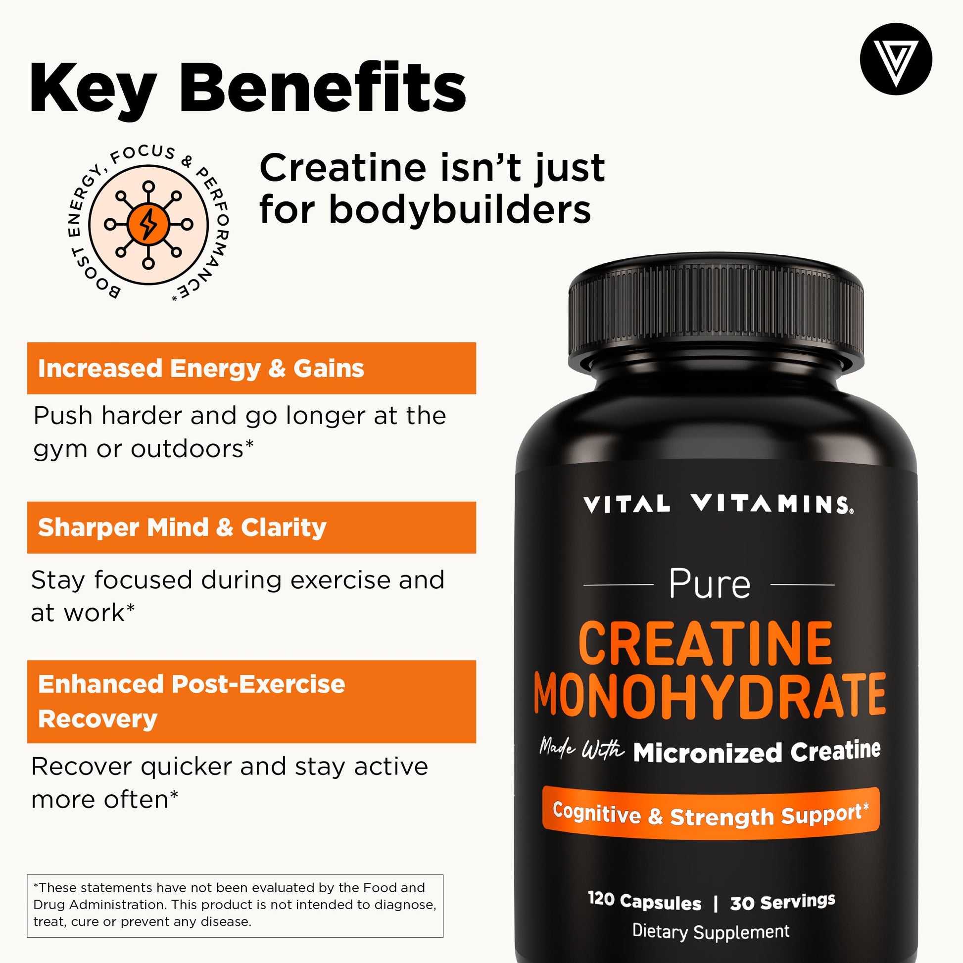 Vital Vitamins Creatine Monohydrate Pills for Women & Men - Micronized Creatine Capsules - Cognitive, Strength, Recovery Support - 3g (3000mg) per Serving - Vegan, Non-GMO, 120 Count Vital VitaminsAu supplements