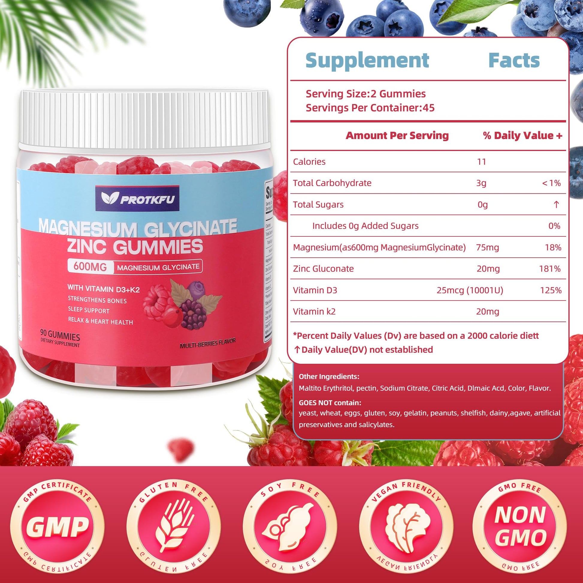 90 CT Magnesium Glycinate Gummies 600mg, Sugar Free Magnesium Gummies w/Zinc & Vitamin D3 & K2 - Magnesium Supplements for Sleep, Supports Bone Health, Nerve & Immune Function ProTKFUAu supplements