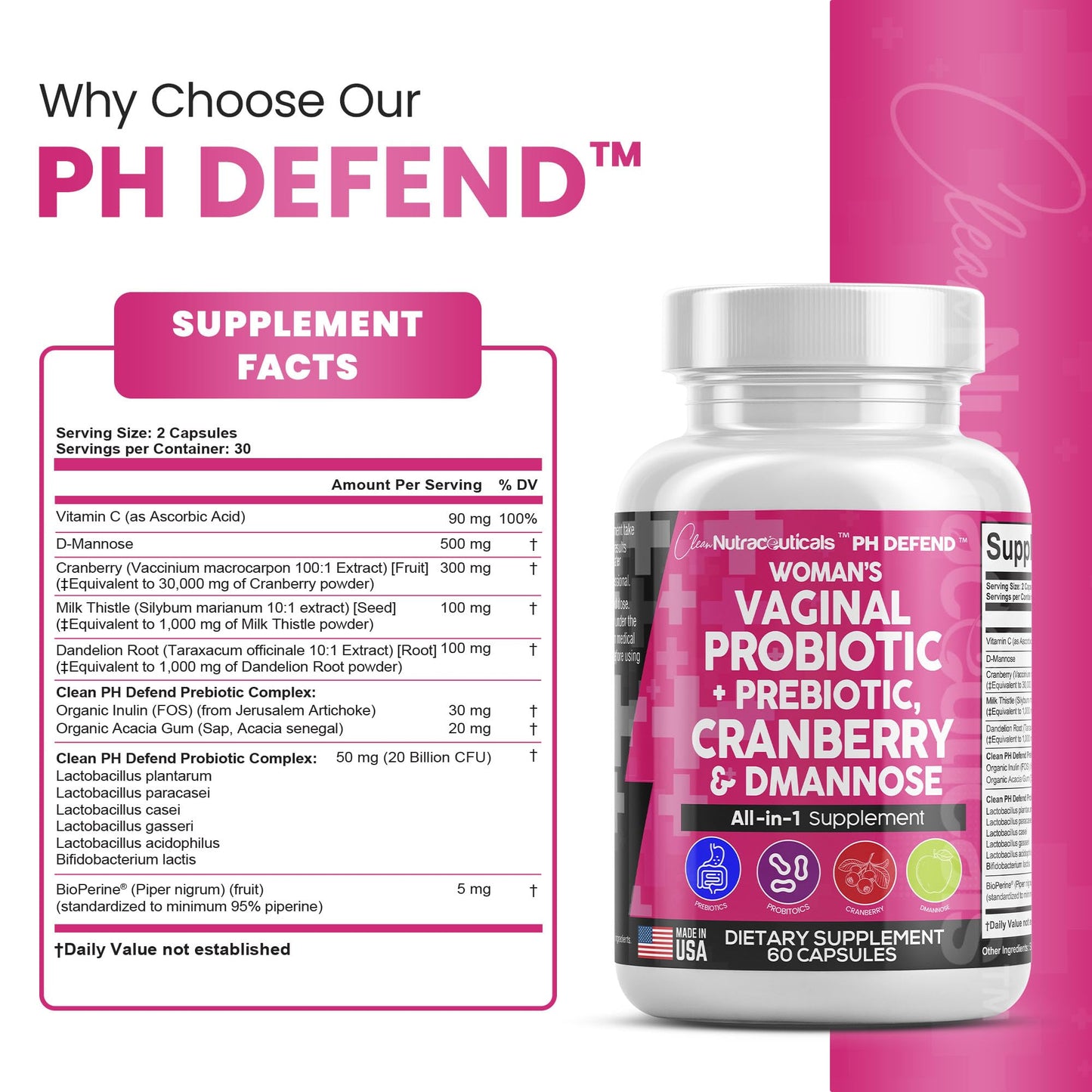 Vaginal Probiotics For Women + Prebiotics 20 Billion Cranberry Pills 30,000mg w/ D-Manno Clean NutraceuticalsUS supplements