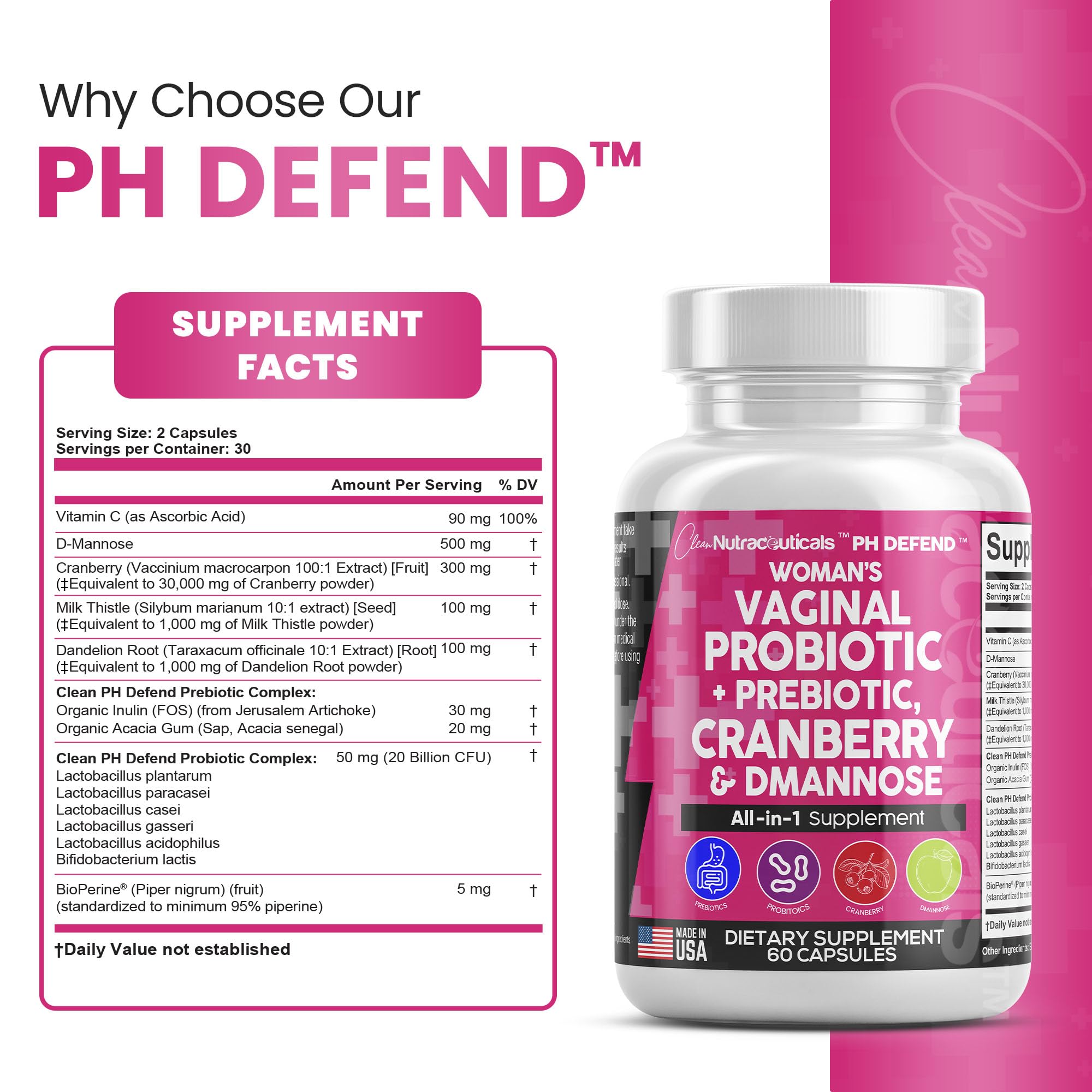 Vaginal Probiotics For Women + Prebiotics 20 Billion Cranberry Pills 30,000mg w/ D-Manno Clean NutraceuticalsAu supplements