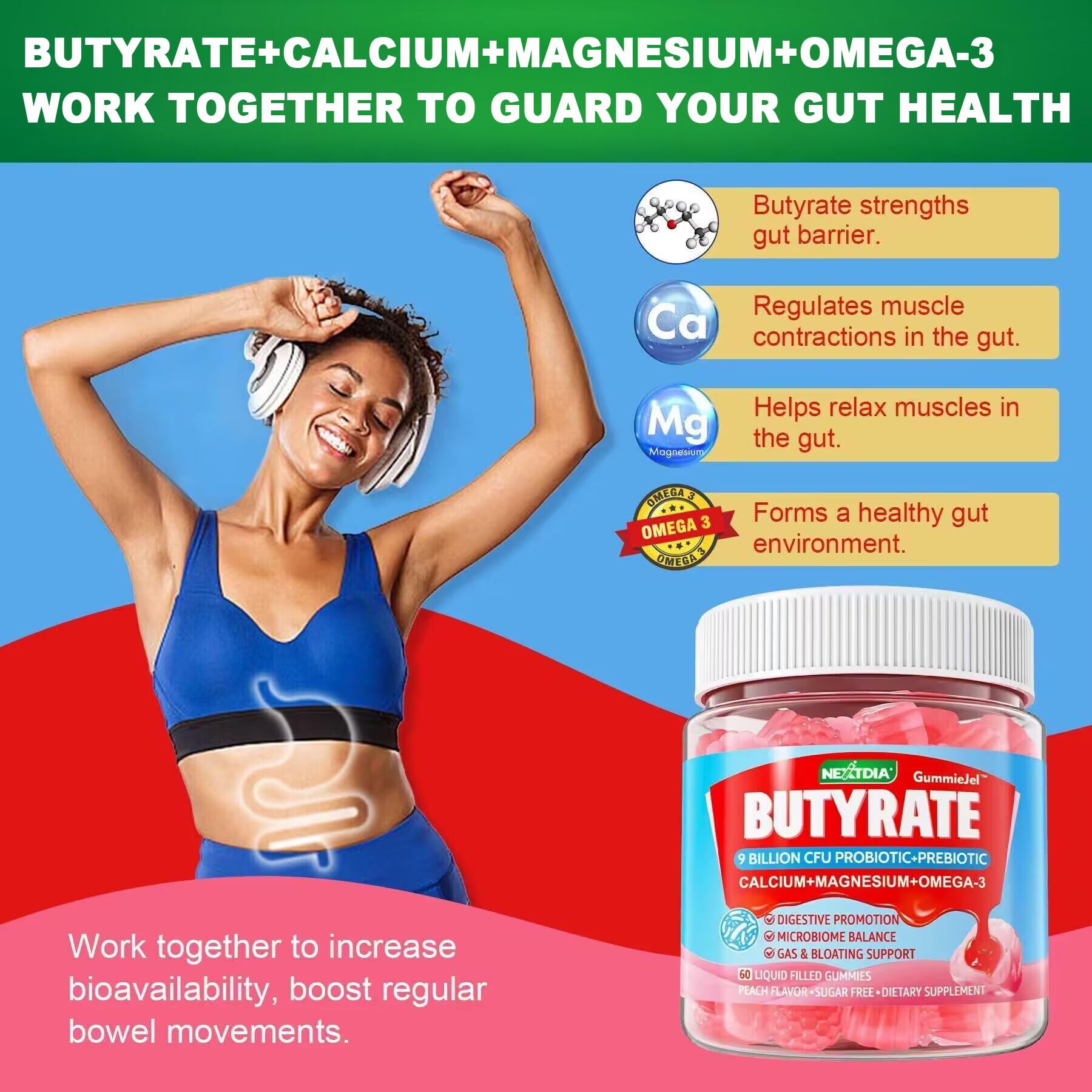 Butyrate Gummies with Probiotic + Prebiotic + Postbiotic, Omega-3 500mg,Fiber with 9 Billion CFU Probiotics, Calcium & Magnesium, Inulin,Psyllium Husk for Digestive Health,Bloating Support,Sugar Free NextdiaAu supplements