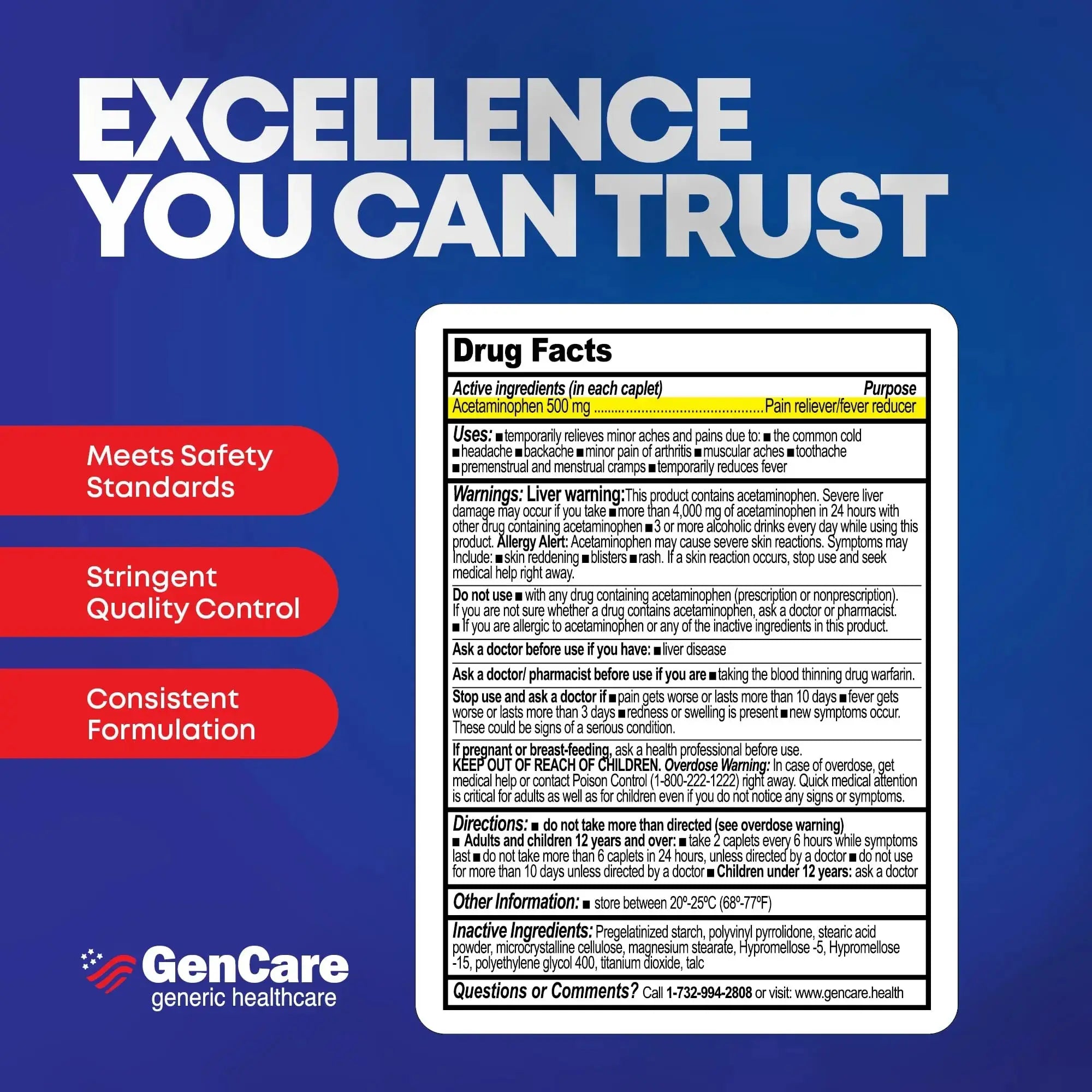 GenCare - Acetaminophen 500mg Extra Strength Pain Relief (300 Caplets) - Multi Symptom Pain Reliever for Headache, Sinus, Arthritis, Back Pain Muscle Ache, Toothache, Fever Reducer, Migraine GenCareAu supplements