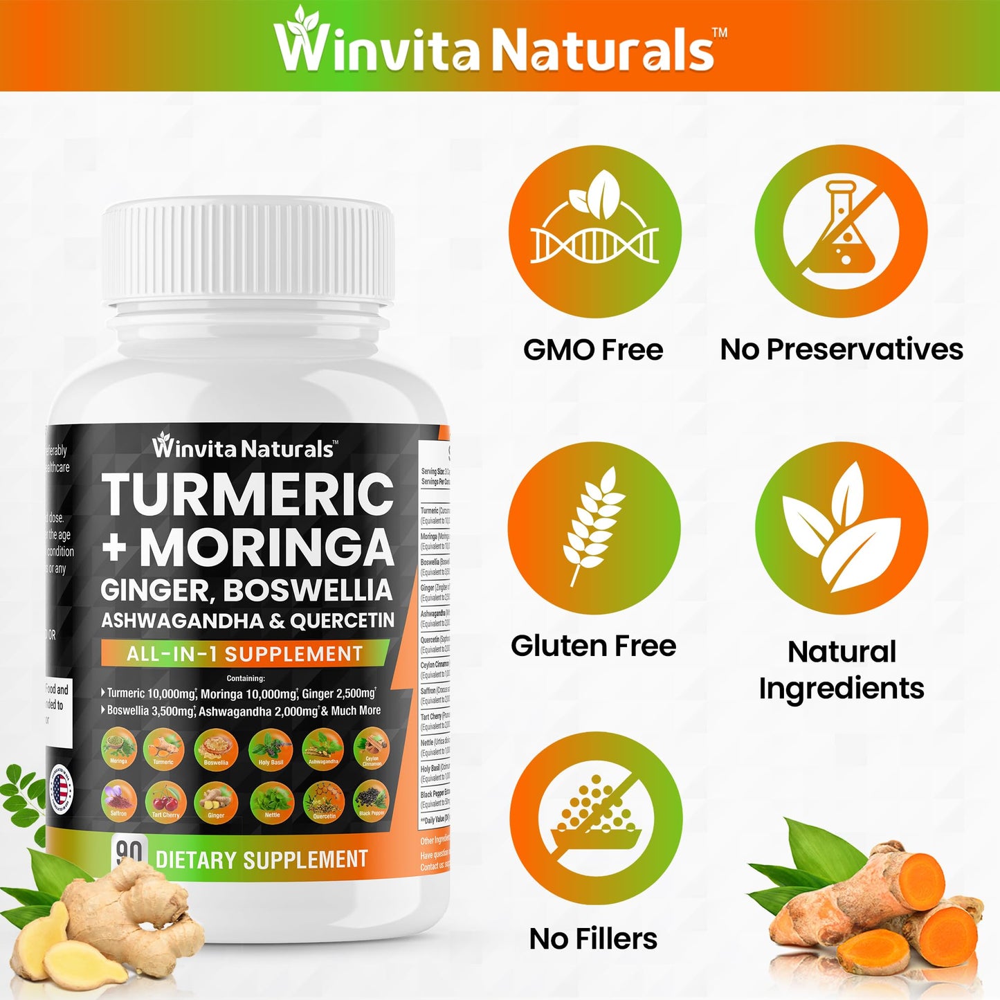 Turmeric Curcumin 10000mg Moringa 10000mg Boswellia 3500mg Ginger 2500mg Winvita NaturalsUS supplements