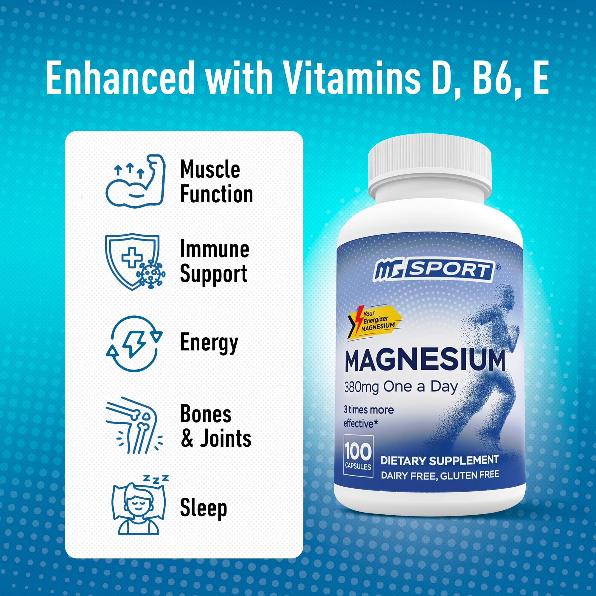 MGSPORT Magnesium Supplement 380mg - High Absorption Magnesium Complex Formula with Vitamins B6, D, E - Supports Muscle Function and Sleep Quality - 100 Servings MgSportAu supplements