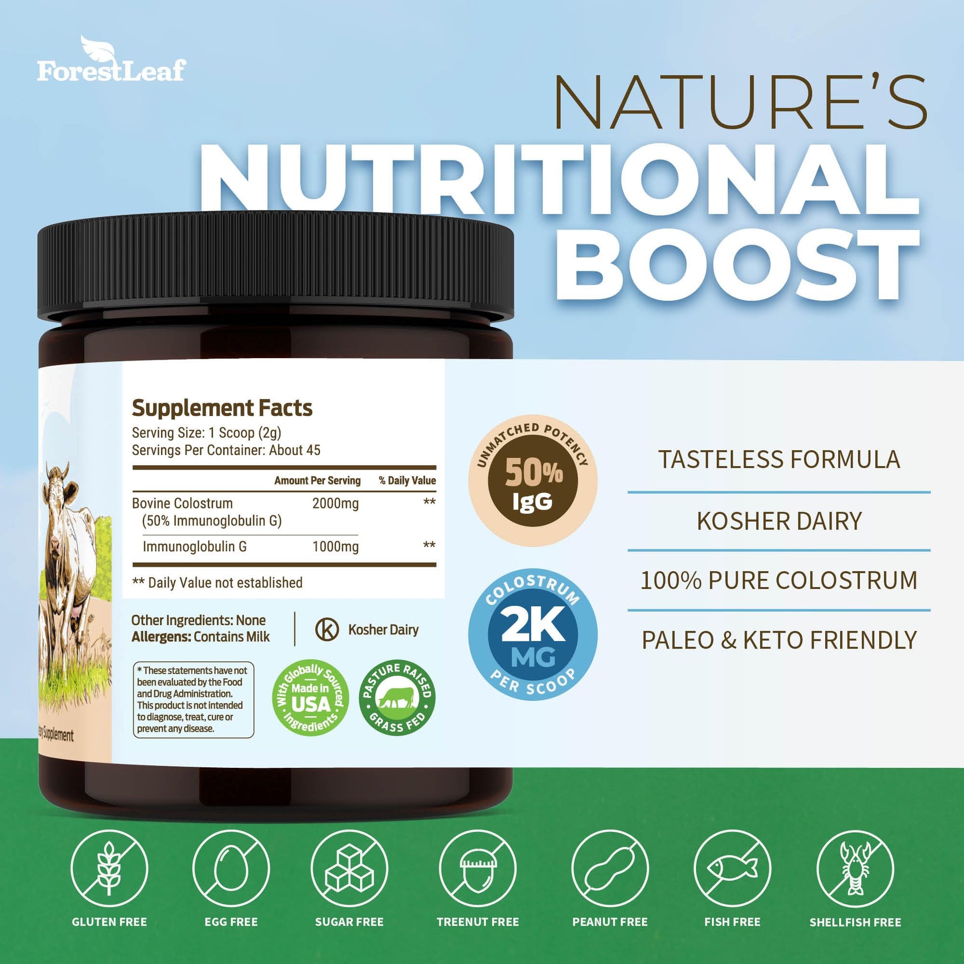ForestLeaf Colostrum Powder 50% IgG Highest Concentration - Grass Fed Bovine ForestLeafUS supplements