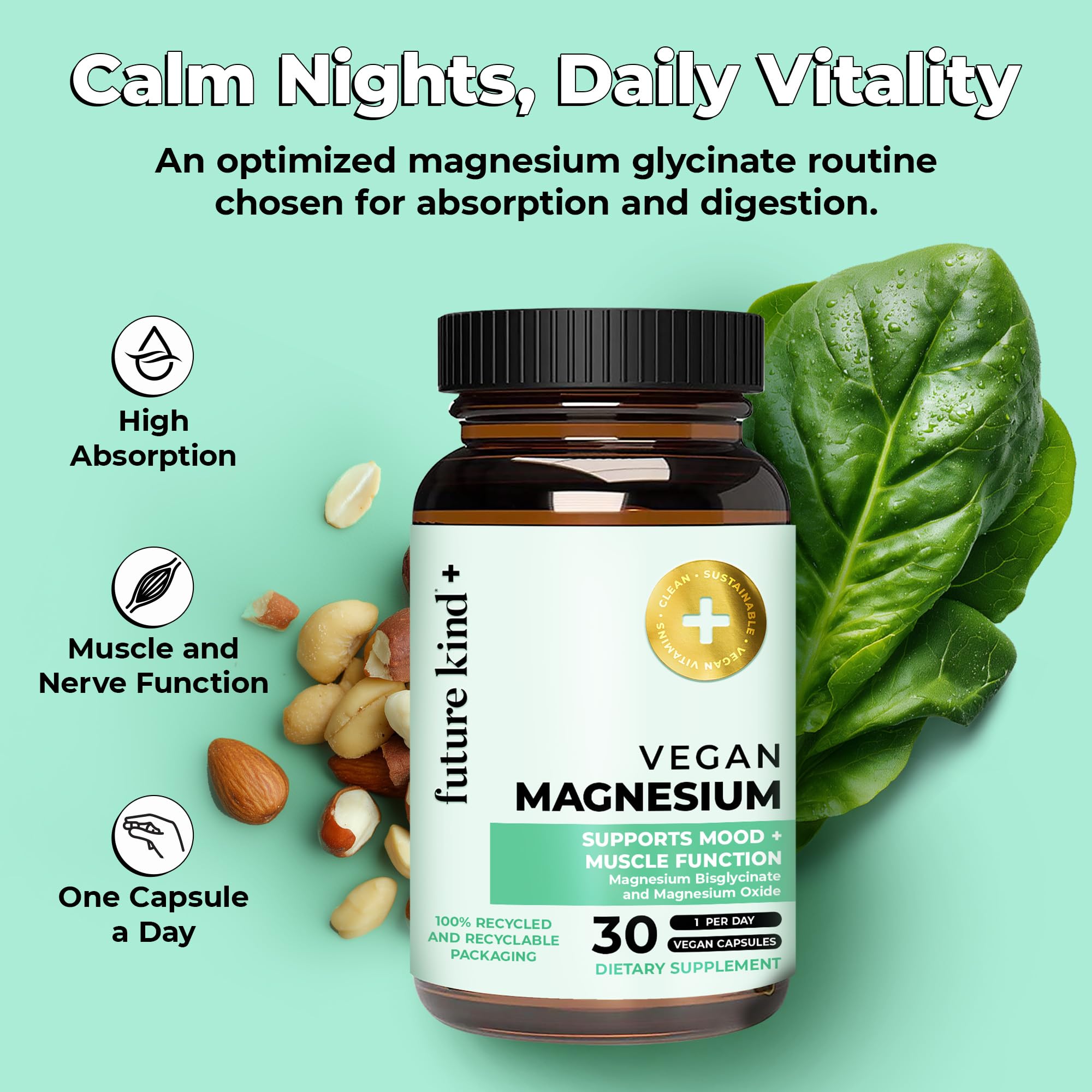 Future Kind Magnesium Glycinate, Supports Muscle and Nerve Function, High Absorption Chelated Magnesium Supplement, Nightly Calm, Energy & Metabolism, Highly Bioavailable & Potent - 30 Vegan Capsules Future KindAu supplements
