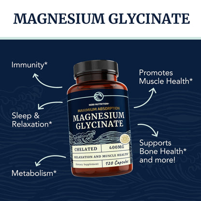 Magnesium Glycinate 400mg | Chelated Bisglycinate for Muscle Relaxation, Bones Nobi NutritionUS supplements