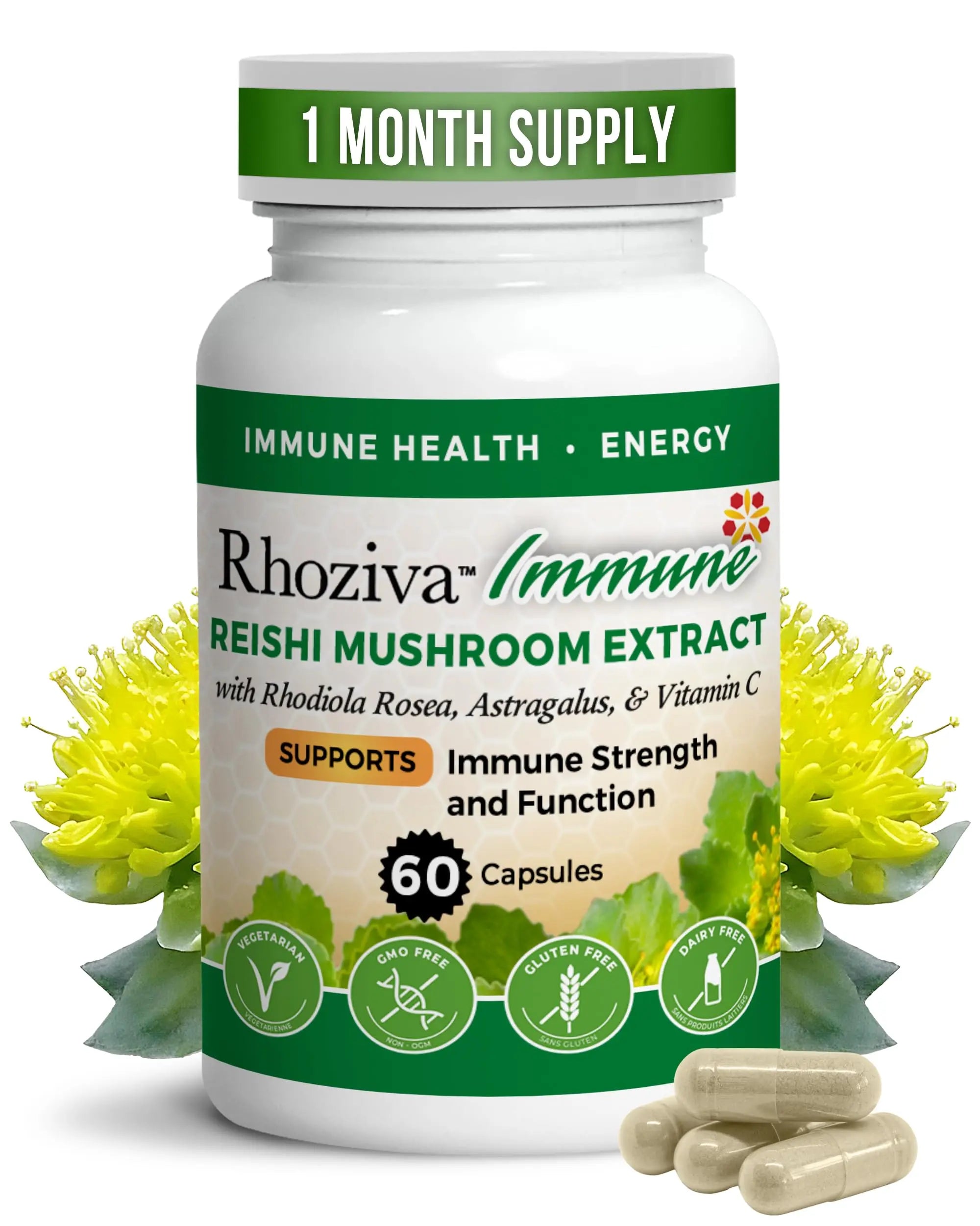 Immune Support, Energy Booster with Vitamin C, D3 and Zinc Supplement, Rhodiola Rosea, Reishi Mushroom Extract, Astragalus, Overall Wellness and Daily Habit - 60 Capsules RhozivaAu supplements