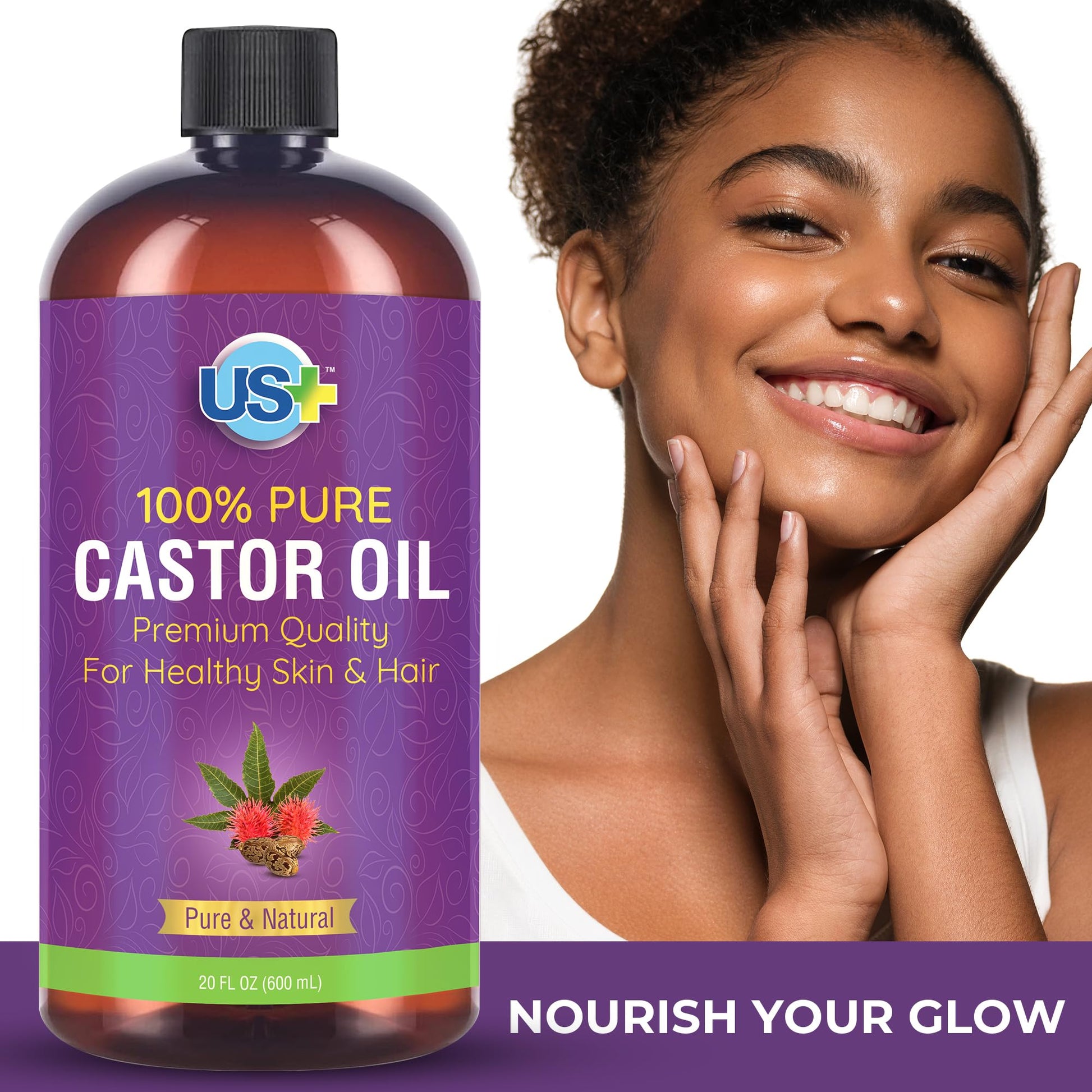 Us+ 20oz 100% Pure Castor Oil - Cold-pressed, Unrefined, Hexane-free - USP Grade - Premium Quality Us+Au supplements