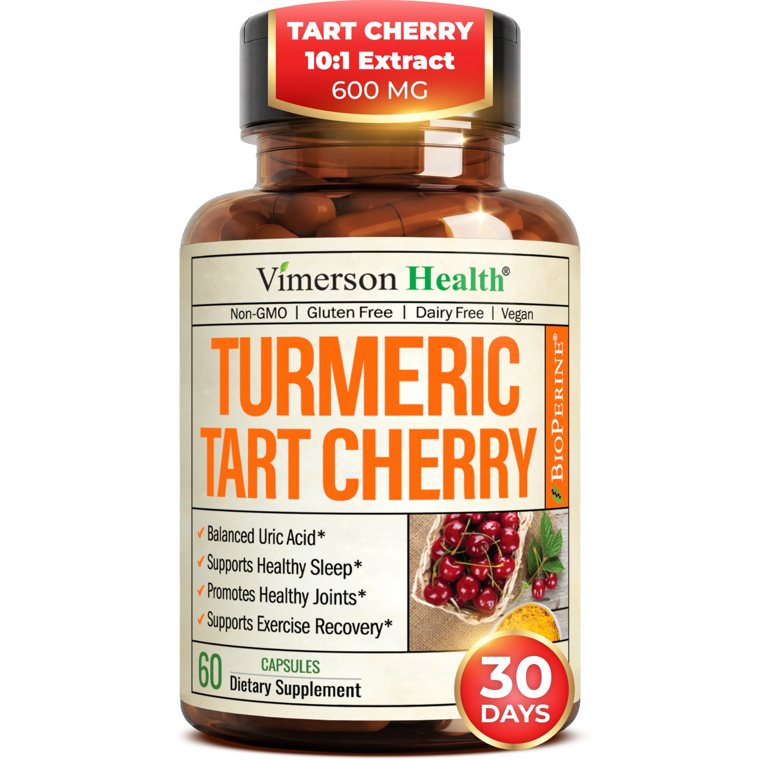 Turmeric Curcumin Supplement with 10:1 Tart Cherry Extract & Celery Seed Extract – Natural Uric Acid Balance, Joint Health & Sleep Aid – Turmeric Curcumin with Black Pepper – 60 Tart Cherry Capsules Vimerson HealthAu supplements
