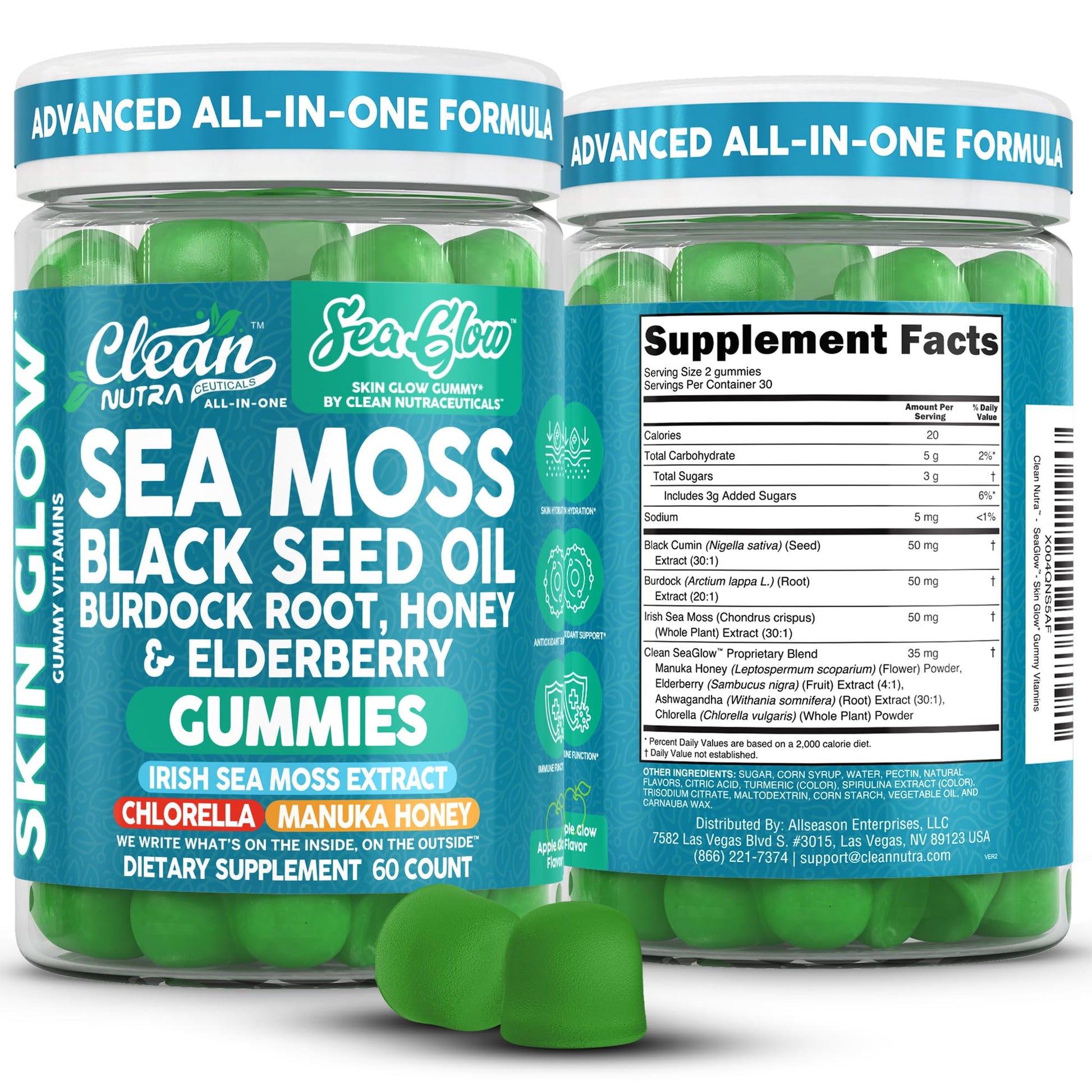 Clean Nutra Sea Moss Gummies Black Seed Oil Chlorella Ashwagandha Root Hair Growth Skin Glow Irish Sea Moss Elderberry Burdock Manuka Honey Trace Minerals Detox 60 Gummy Vitamins Sea Glow Supplement Clean NutraceuticalsAu supplements