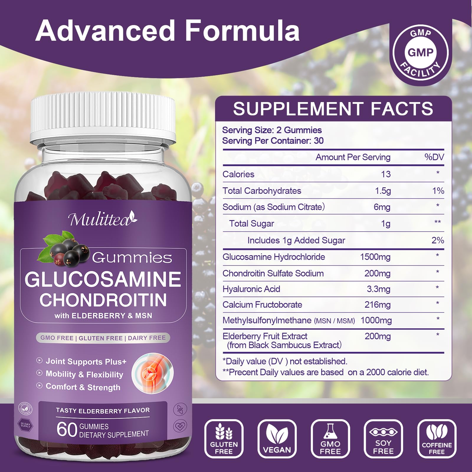 Mulittea Glucosamine Chondroitin Gummies - Extra Strength Joint Support Supplement with MSM & Elderberry for Natural Joint, Antioxidant Immune Support for Adults, Men & Women-(2 Pack) MulitteaAu supplements