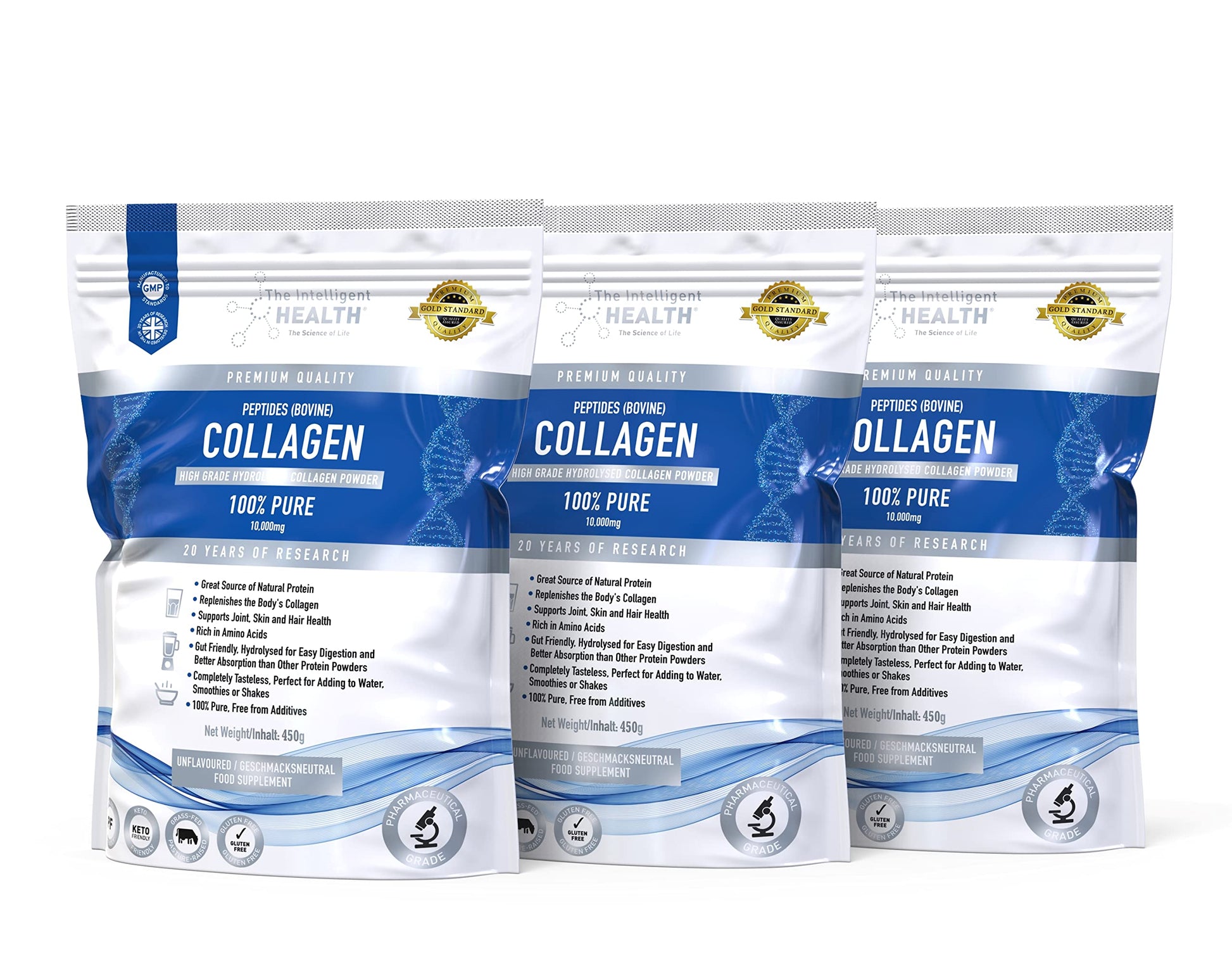 Hydrolysed Collagen Powder (Bovine) - High Protein Grass Fed Unflavoured Peptides The Intelligent HealthUS supplements