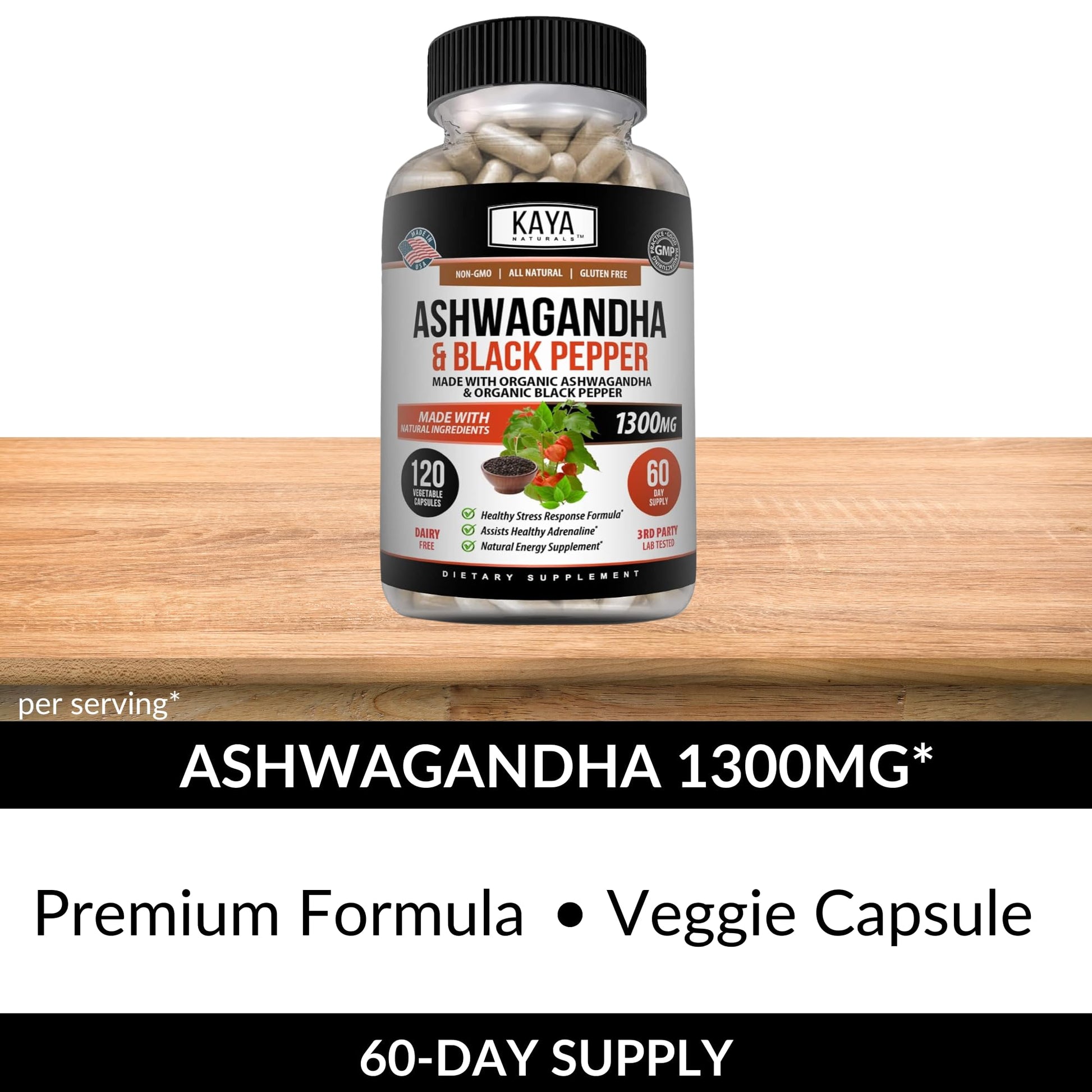 Kaya Naturals Ashwagandha 1300mg, 120 Count Capsules for Stress Relief, Adrenal, Mood & Thyroid Support, Black Pepper and 100% Pure Ashwagandha -120 Capsules Kaya NaturalsAu supplements