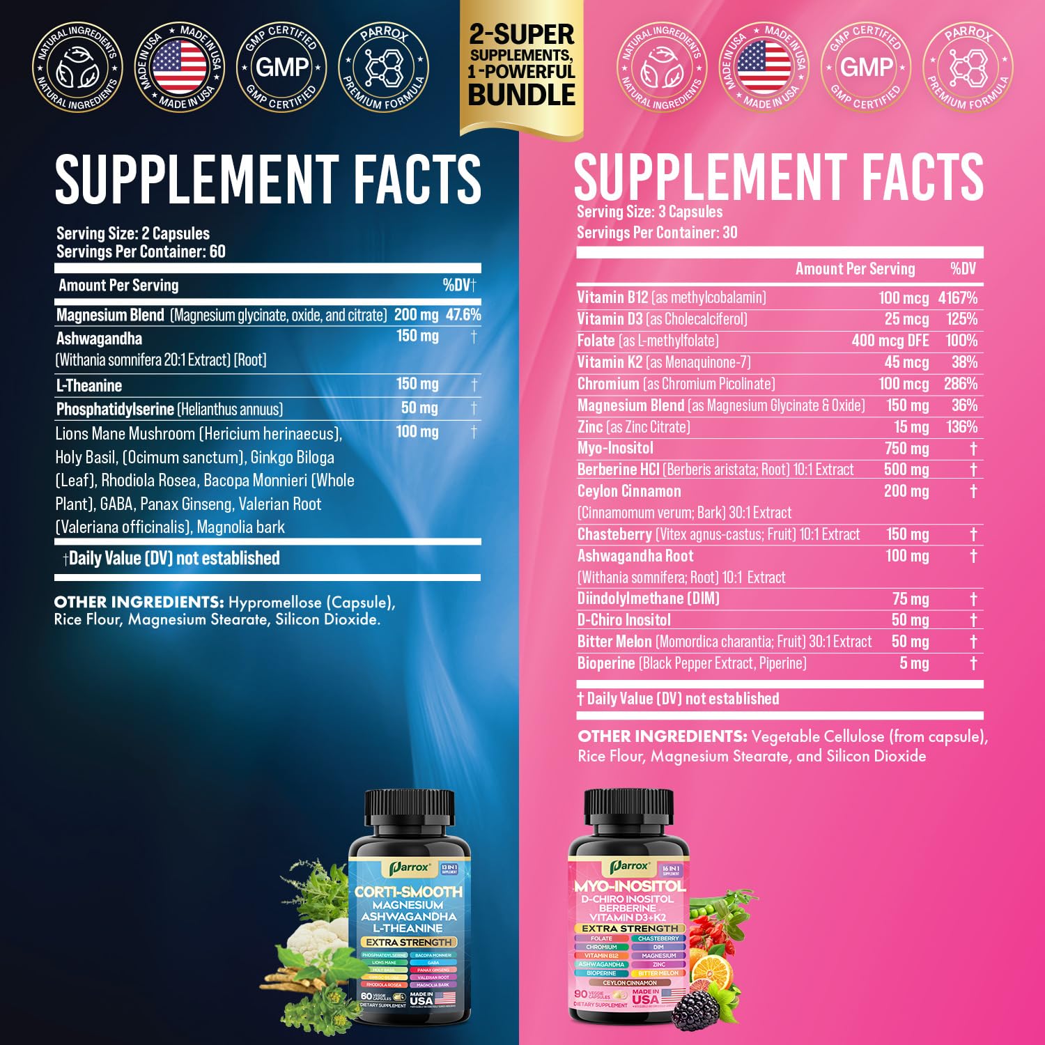 Parrox Cortisol & Myo-Inositol Supplement Bundle, Soothe & Smooth Bundle, 13-in-1 Cortisol Balance, Magnesium, Ashwagandha, L-Theanine, D-Chiro Inositol, Folate, Berberine, Chasteberry (150 Capsules) ParroxAu supplements