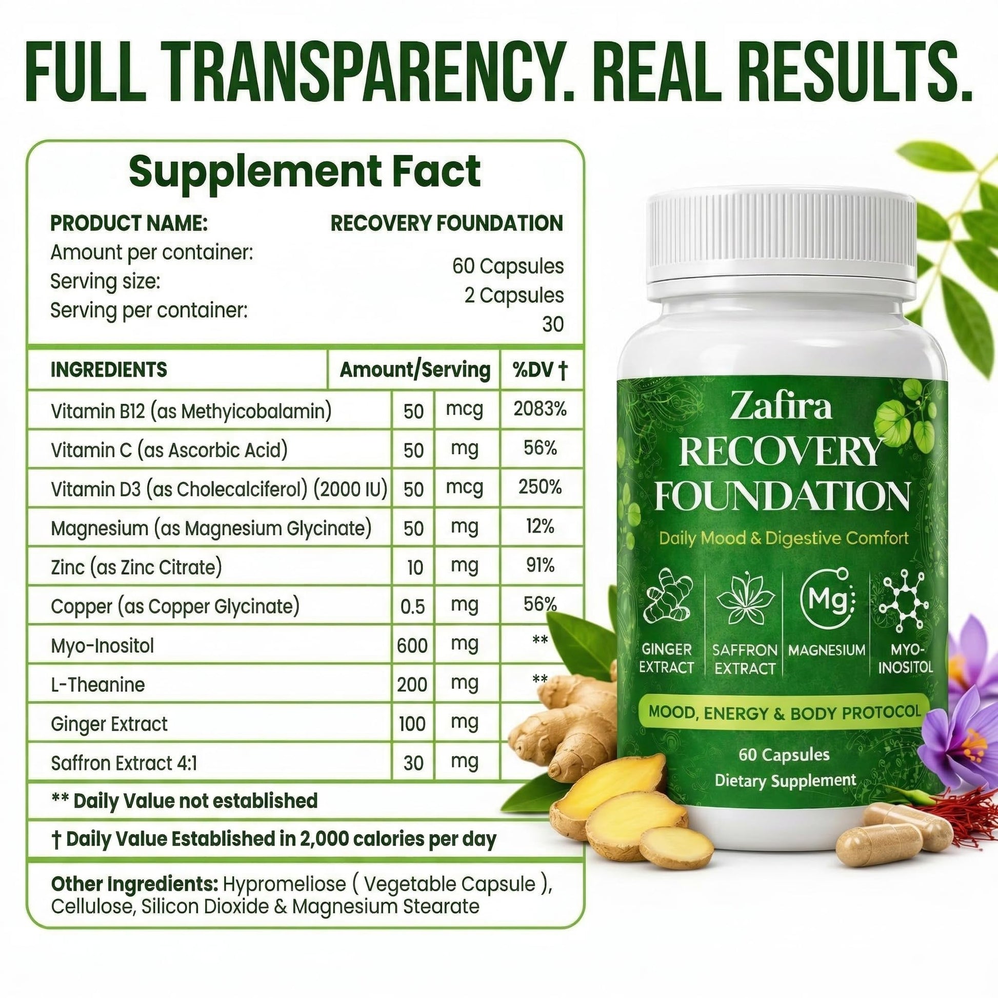 DYDUON Zafira Recovery Foundation Capsules – Mental Clarity, Hair & Mood Support, Natural Herbal Formula with Saffron Extract, Ginger Extract, L-Theanine, Myo-Inositol, Non-GMO, 60 Capsules DYDUONAu supplements