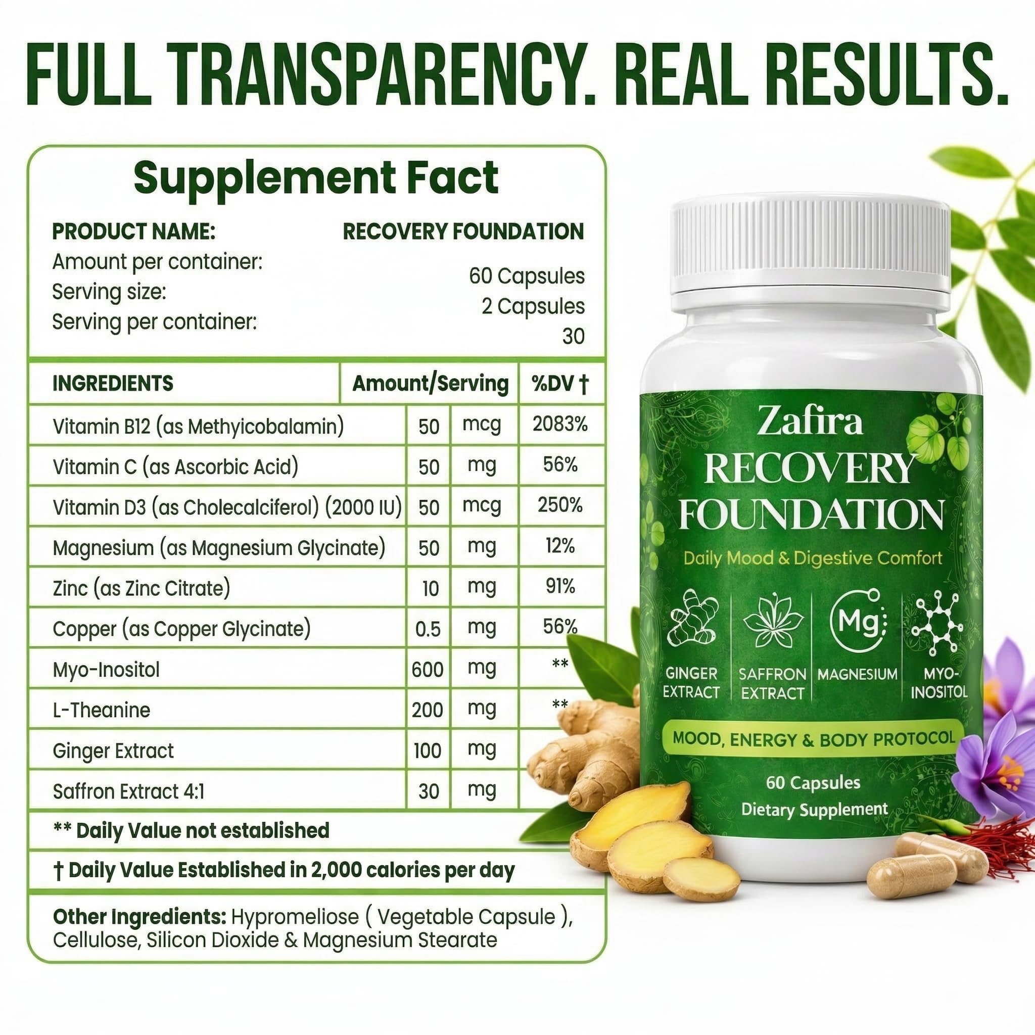 DYDUON Zafira Recovery Foundation Capsules – Mental Clarity, Hair & Mood Support, Natural Herbal Formula with Saffron Extract, Ginger Extract, L-Theanine, Myo-Inositol, Non-GMO, 60 Capsules DYDUONAu supplements