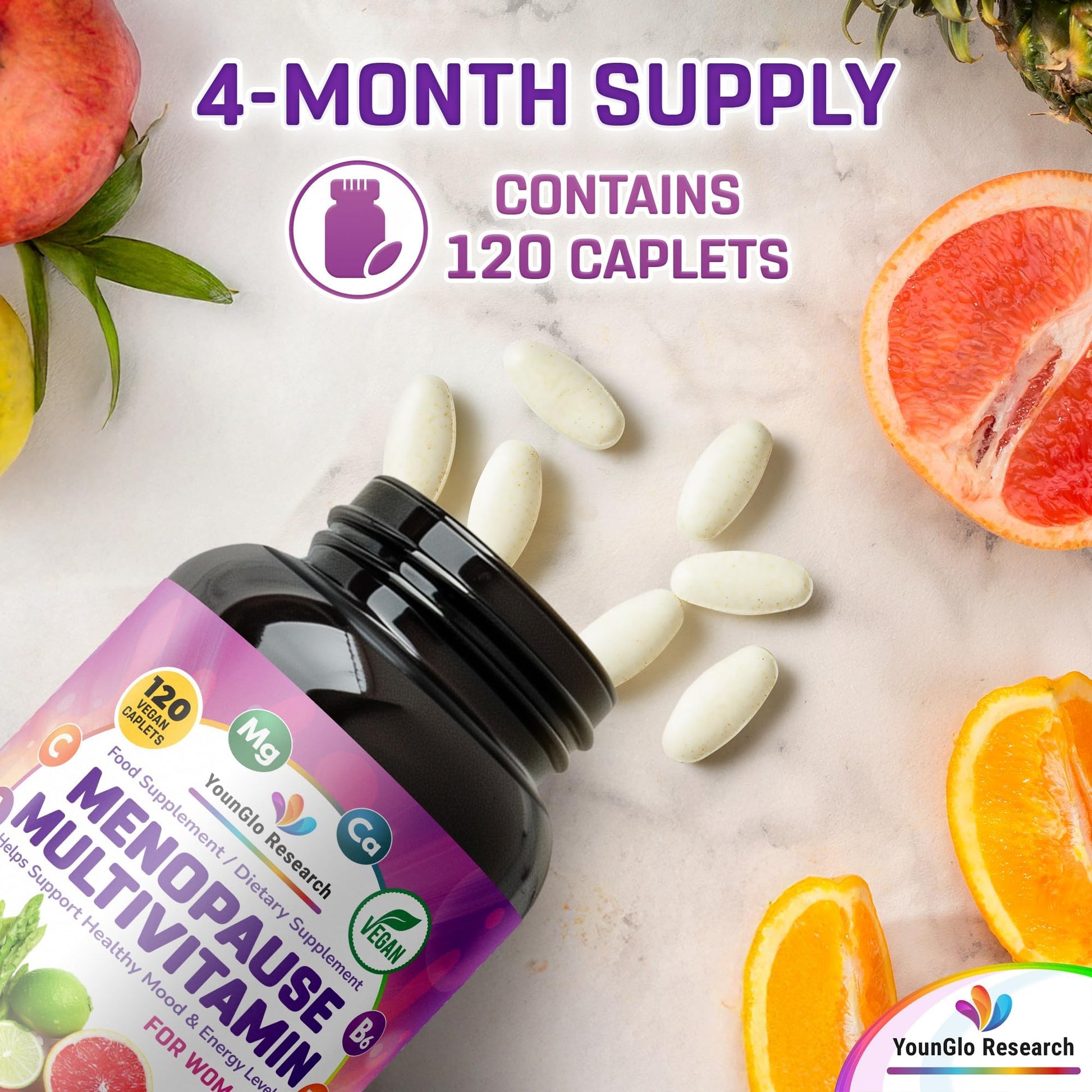YounGlo Research Menopause Supplement - 120 Vegan Caplets - Menopause & Perimenopause Relief Support - Food and Dietary Vitamins - Multivitamin for Women YounGlo ResearchAu supplements