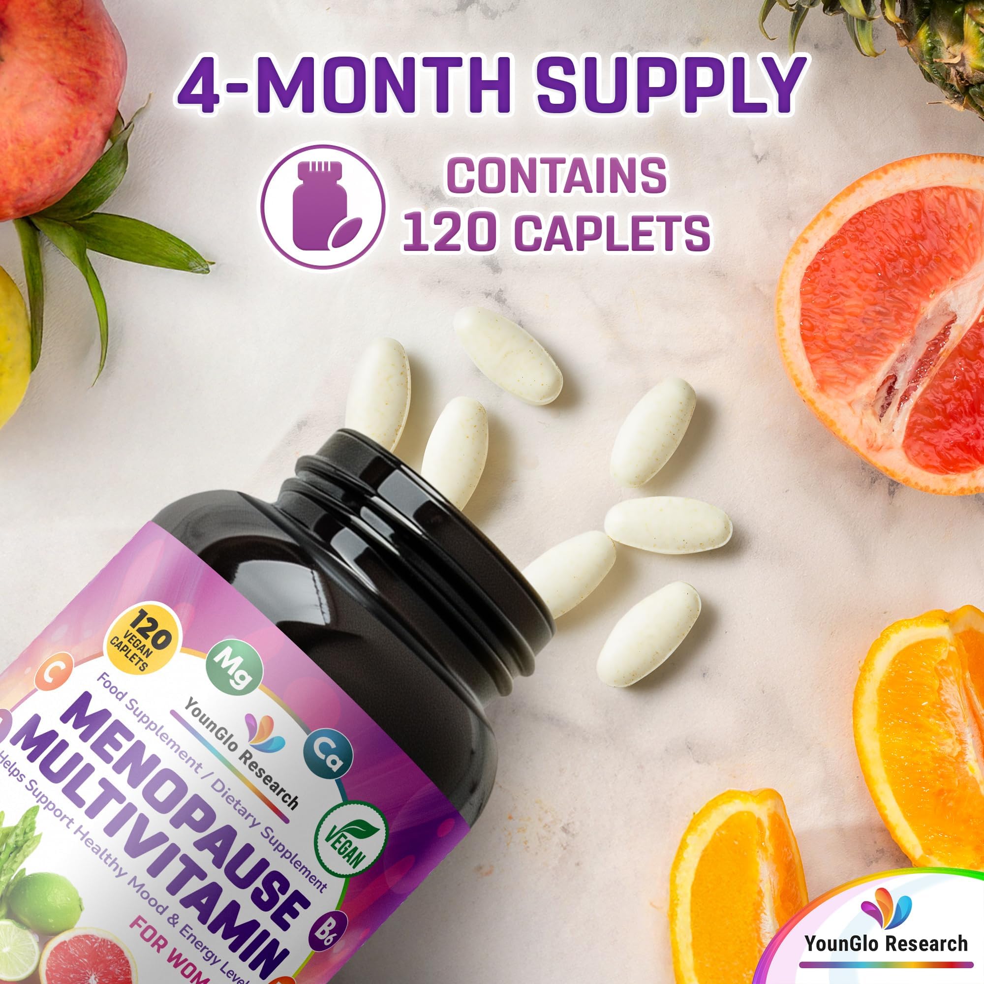 YounGlo Research Menopause Supplement - 120 Vegan Caplets - Menopause & Perimenopause Relief Support - Food and Dietary Vitamins - Multivitamin for Women YounGlo ResearchAu supplements
