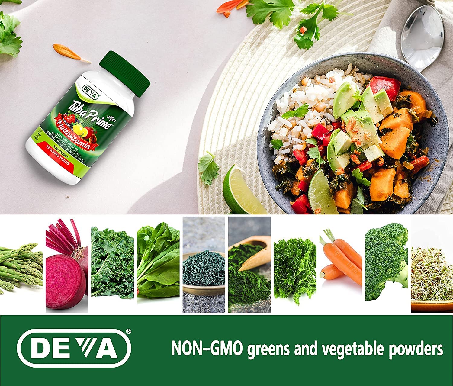 DEVA Tuba Prime Vegan Multivitamin Iron-Free High-Potency Vitamin & Mineral Dietary Supplement Antioxidants, Fruit & Veg Blend, Super Mushrooms, Probiotics, Prebiotics, Seeds, Herbs 90 Tabs 2-Pack DEVAAu supplements