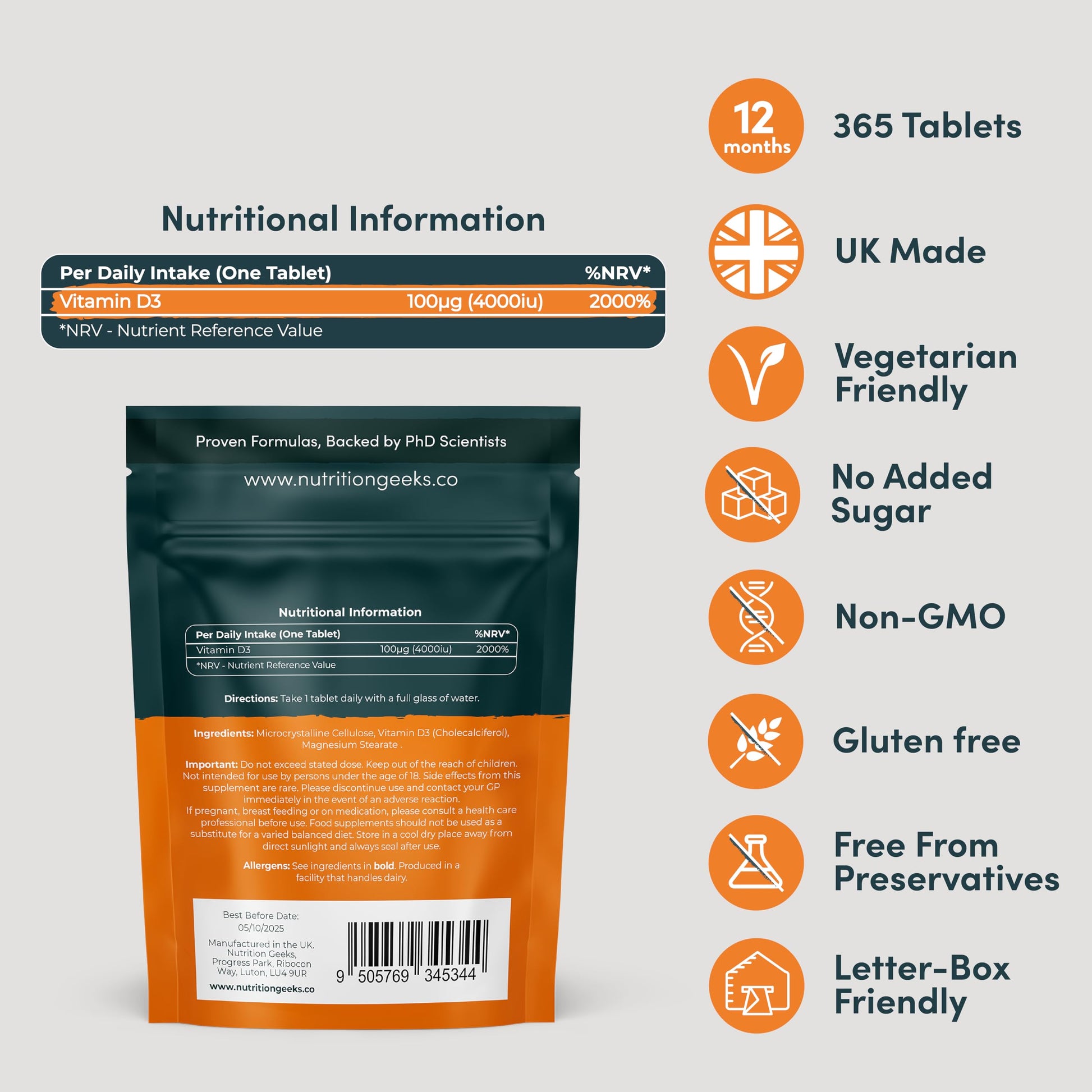 Vegetarian Vitamin D3 4000 iu - 1 Year Supply, 365 Easy-Swallow High Strength Vitamin Nutrition GeeksUS supplements