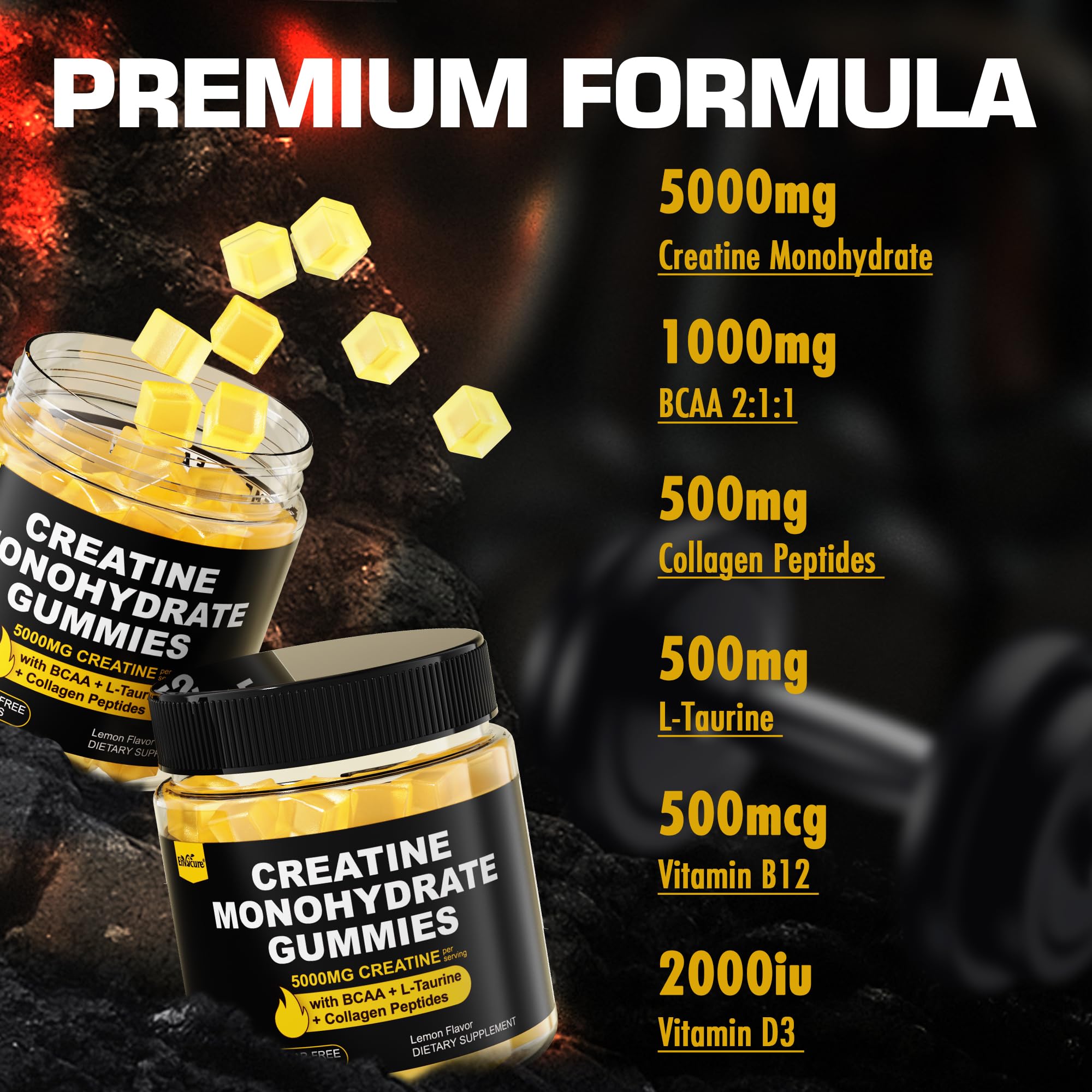 Creatine Monohydrate Gummies for Men & Women - with BCAA, Collagen Peptides, L-Taurine, Vitamin B12, D3, Chewables Creatine Monohydrate 5g Per Serving, Natural Lemon Flavor, Sugar Free, 2 Pack EnvyCureAu supplements