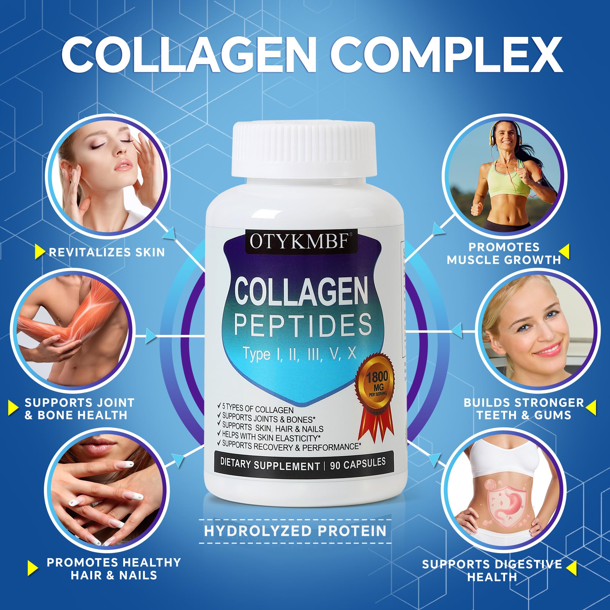 OTYKMBF Multi Collagen Peptides Pills 1800mg, Type I, II, III, V, X - Hydrolyzed Premium Collagen Complex Supports Skin, Joints, Hair & Nails, Hydrolyzed Protein for Women Men, 90 Capsules OTYKMBFAu supplements