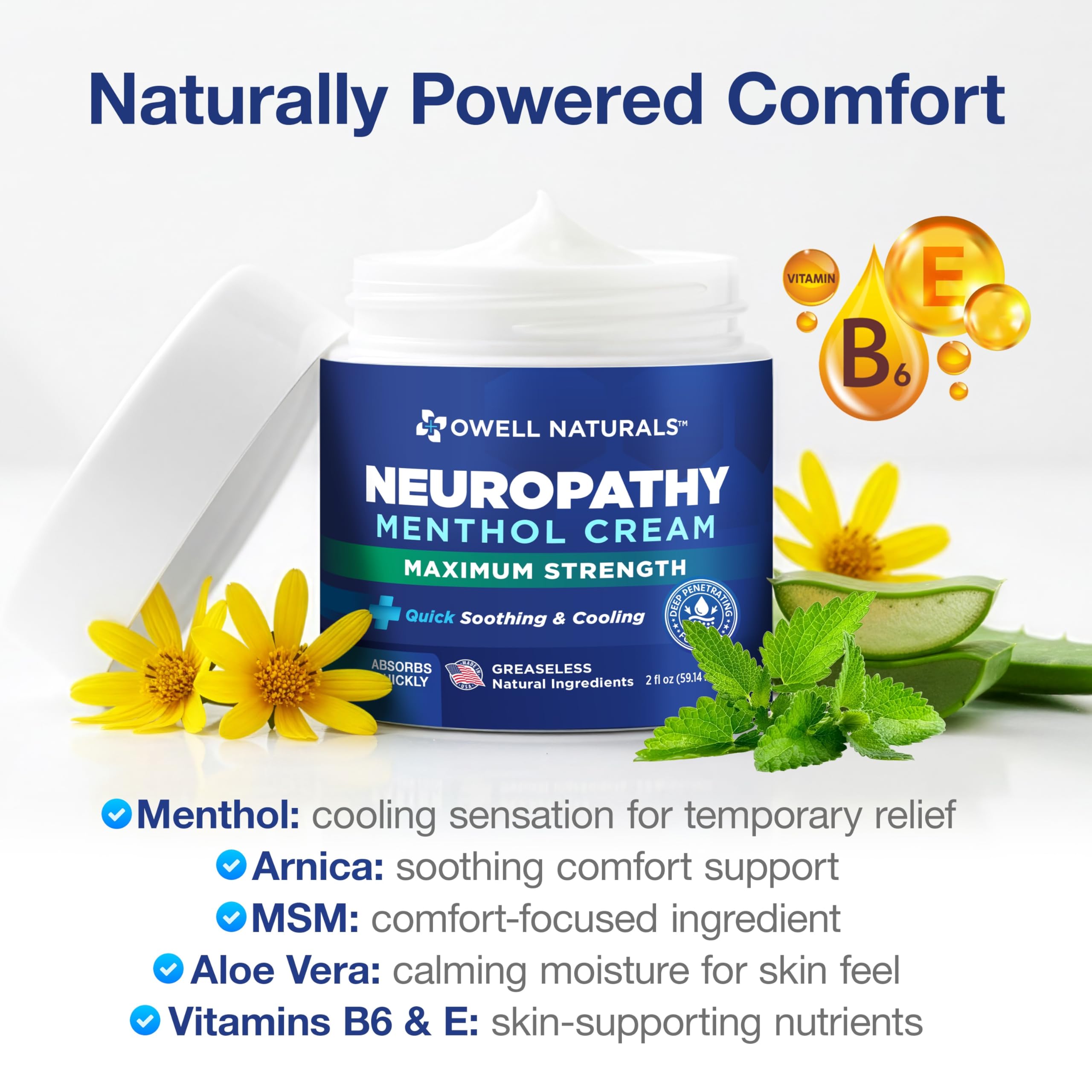 Owell Naturals Neuropathy Cream Extra Strength – Fast Absorbing Cooling for Leg, Feet & Hands – Advanced Soothing Formula with Aloe Vera, Arnica, MSM & Vitamin B6 – Made in USA, 2 fl oz Owell NaturalsAu supplements