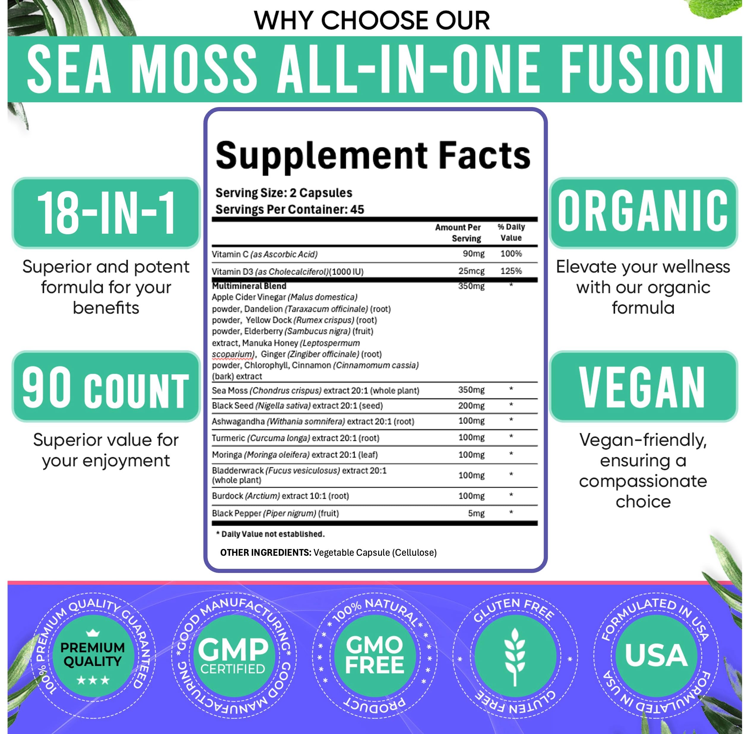 Adndale Sea Moss Capsules - Sea Moss Blend with Ashwagandha, Turmeric & Black Seed Oil - 180 Count AdndaleAu supplements