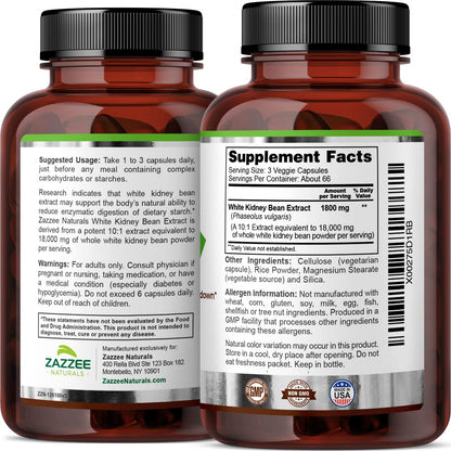 Zazzee White Kidney Bean 10:1 Extract, 18,000 mg Strength, 200 Vegan Capsules, Over 2 Month Supply ZazzeeUS supplements