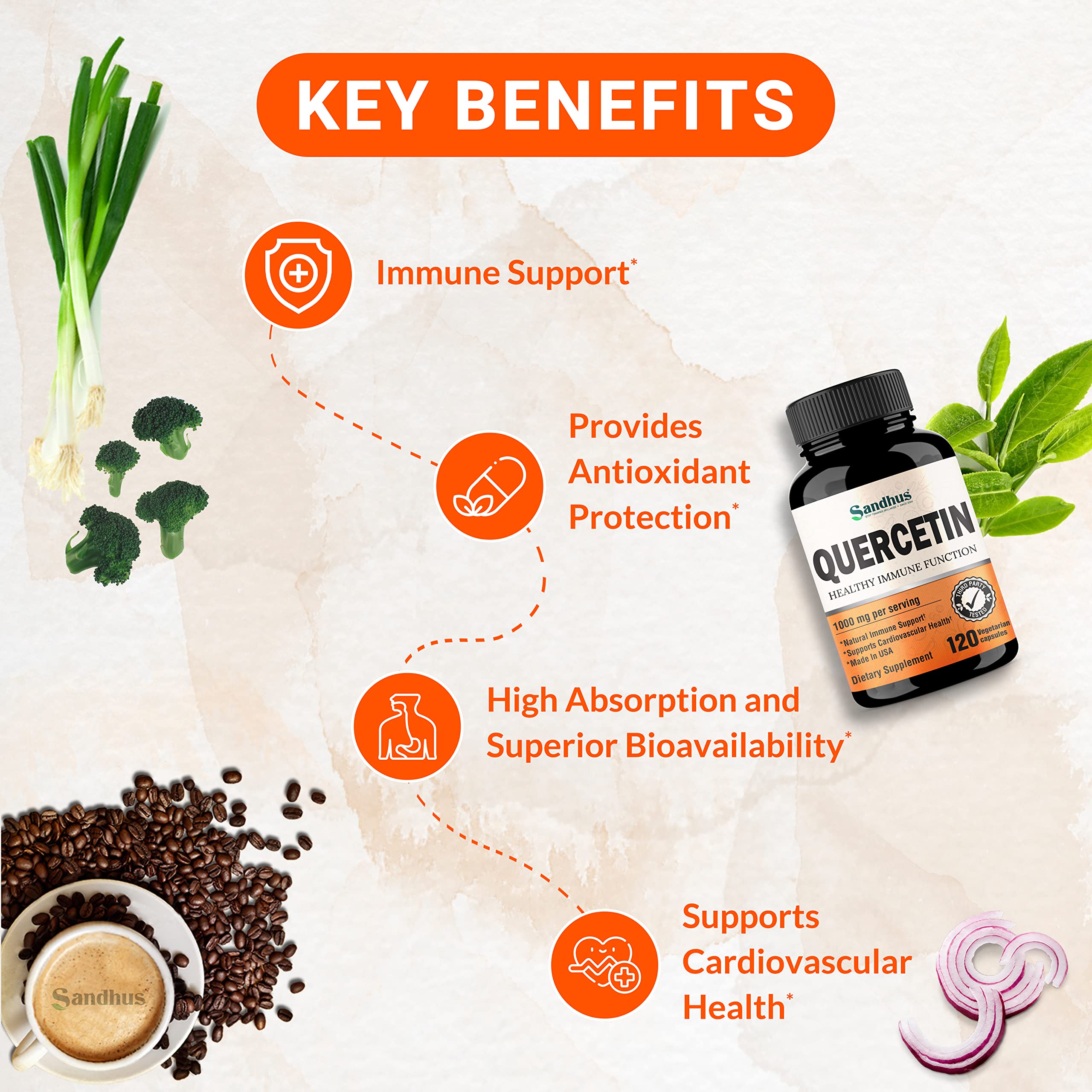 Sandhu's Quercetin 1000mg Per Serving 120 Count Vegetarian Capsules Bioflavonoids Sandhu'sUS supplements