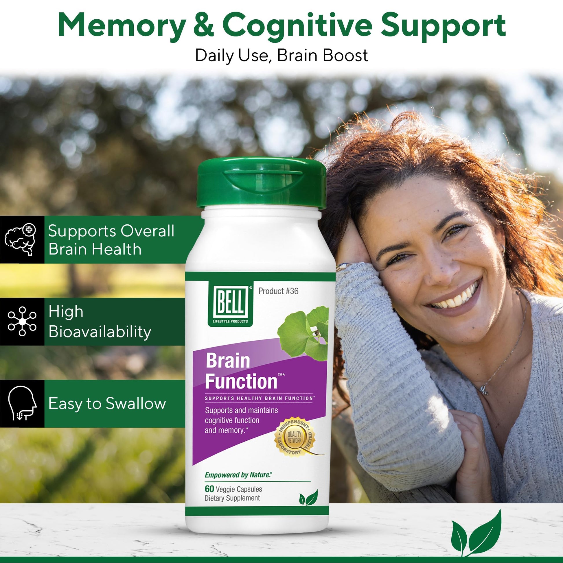 Bell Brain Function Lifestyle, Supports Cognitive Health with Ginkgo, Vitamin B12, Folate - 60 Vegetarian Capsules BellAu supplements