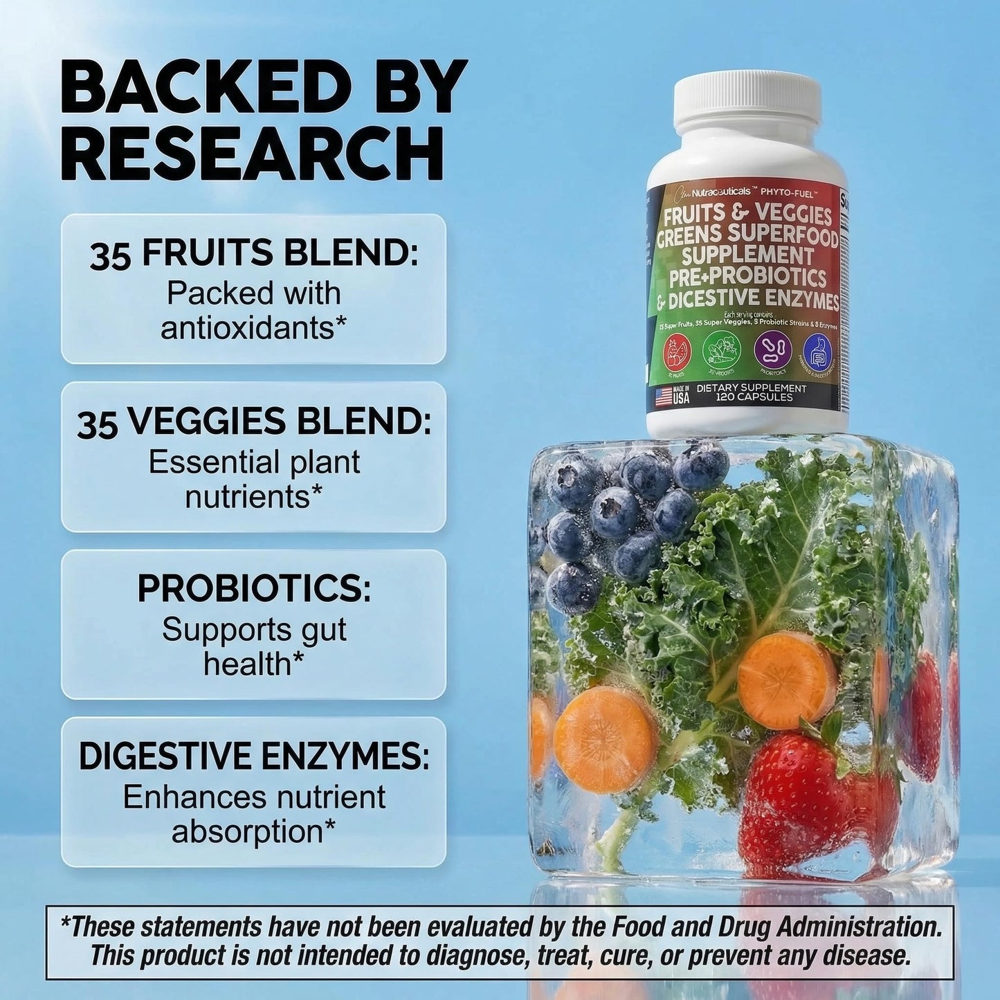 Clean Nutraceuticals Fruits and Veggies Supplement Reds & Green Superfood - Balance of Over 70 Fruit & Vegetable Supplements Capsules with Probiotics Prebiotics Clean NutraceuticalsUS supplements