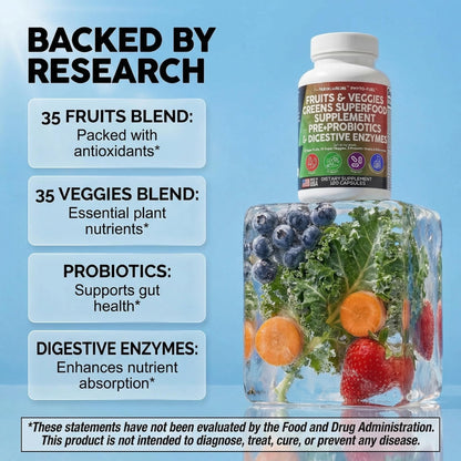 Clean Nutraceuticals Fruits and Veggies Supplement Reds & Green Superfood - Balance of Over 70 Fruit & Vegetable Supplements Capsules with Probiotics Prebiotics Clean NutraceuticalsUS supplements