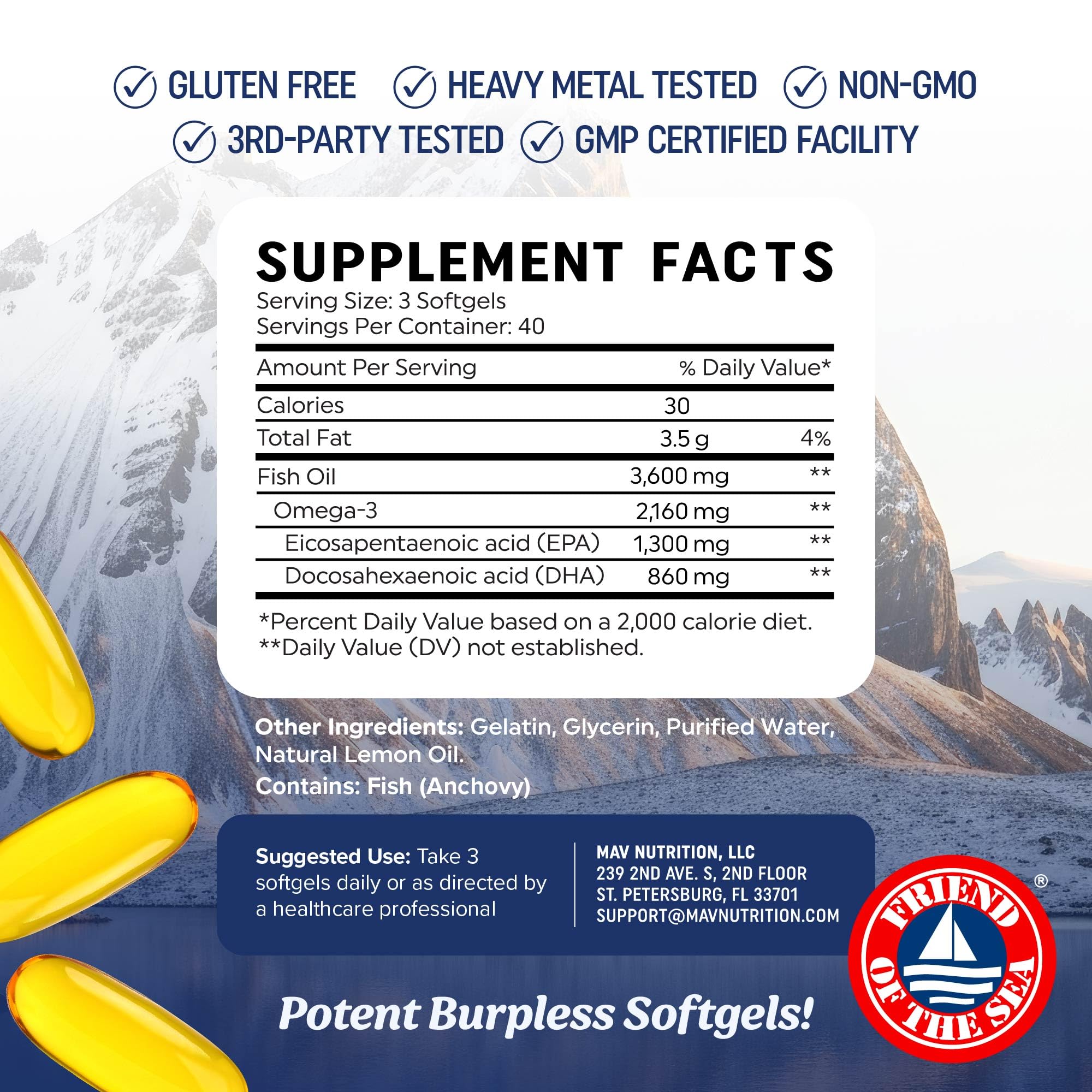Triple Strength DHA Omega 3 Fish Oil 3600 mg | Over 2100mg Omega-3 Fatty Acids with 860mg of DHA | 1300mg EPA | Best Essential Fatty Acids